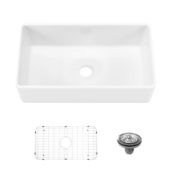 Sinber 33 Inch Farmhouse Apron Single Bowl Kitchen Sink with Fireclay White Finish 2 Accessories F3318S-OL