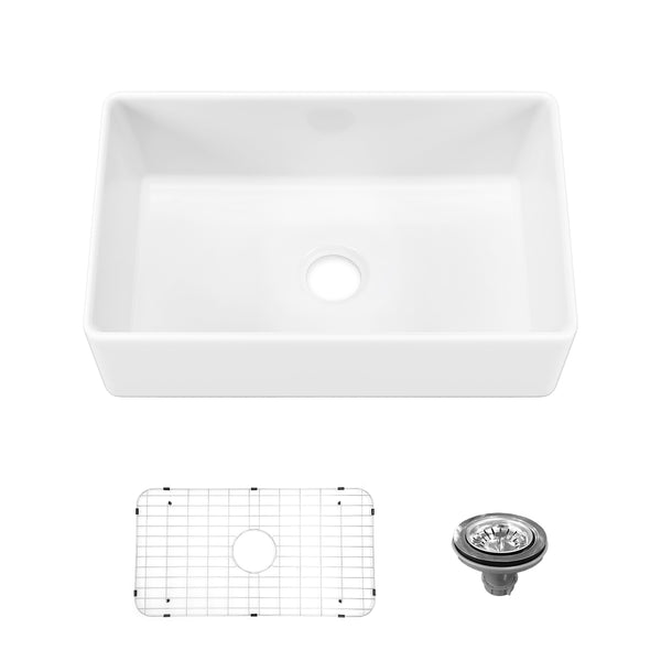 Sinber 30 Inch Farmhouse Apron Single Bowl Kitchen Sink with Fireclay White Finish 2 Accessories F3018S-OL