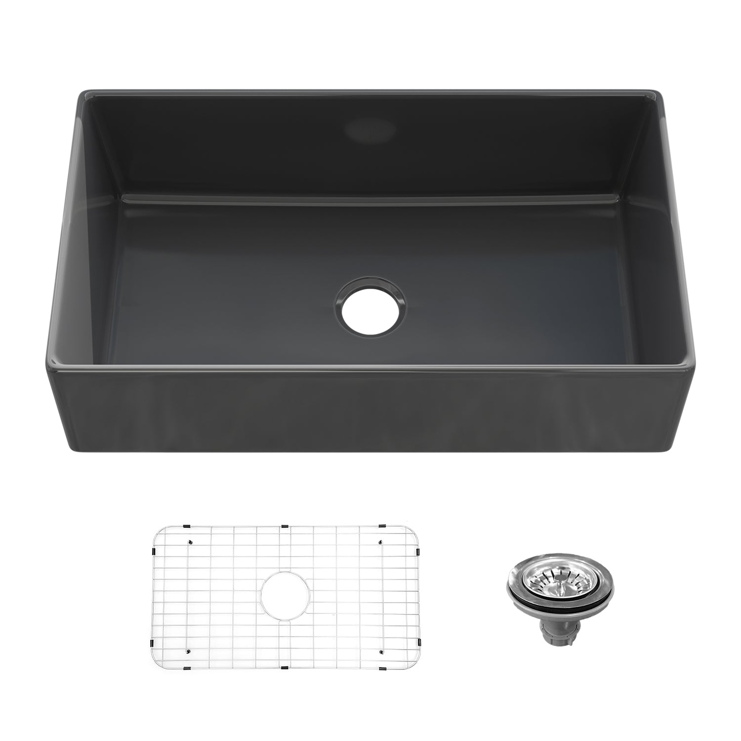 Sinber 36 Inch Farmhouse Apron Single Bowl Kitchen Sink with Fireclay Black Finish 2 Accessories F3620S-B-OL
