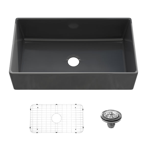 Sinber 36 Inch Farmhouse Apron Single Bowl Kitchen Sink with Fireclay Black Finish 2 Accessories F3620S-B-OL