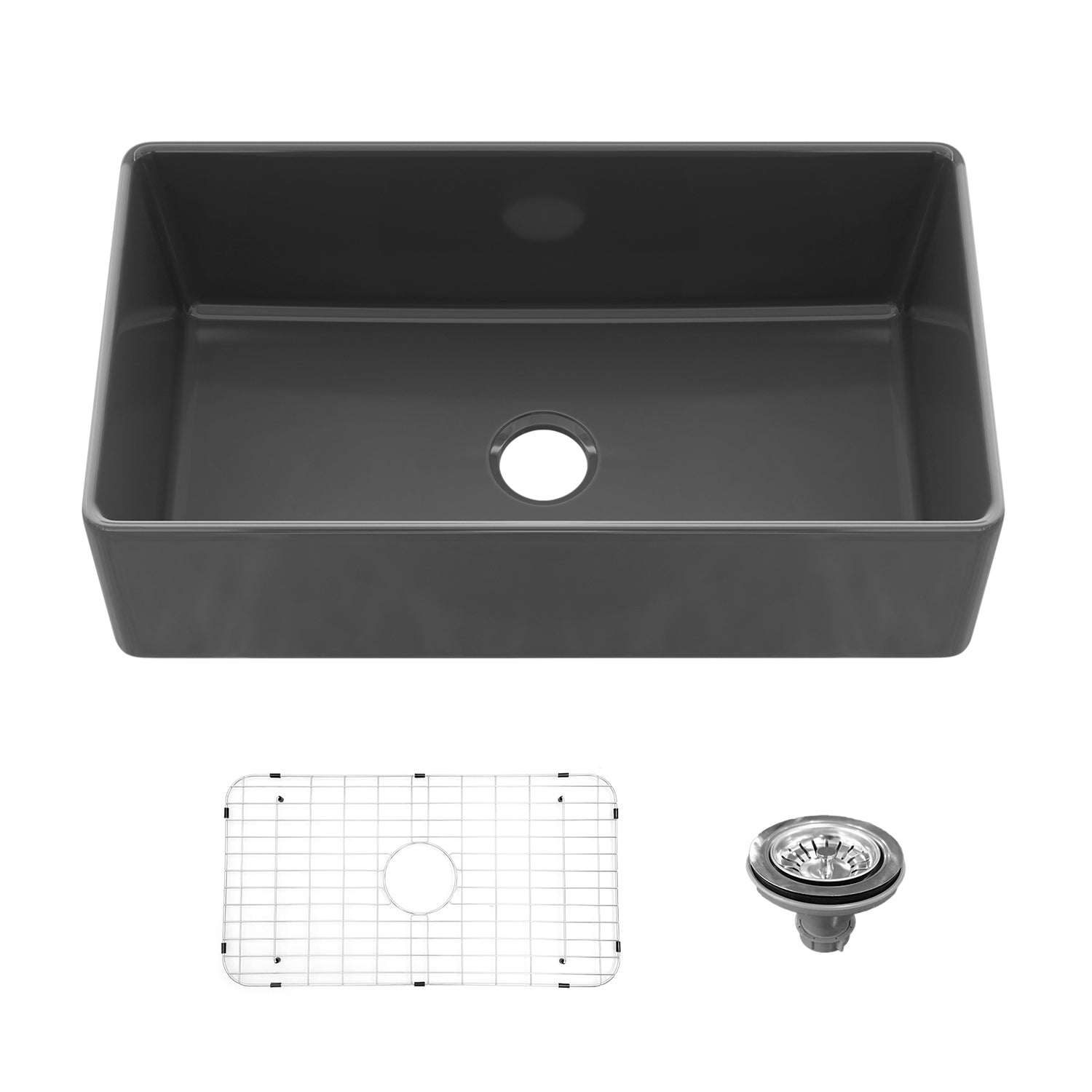 Sinber 33 Inch Farmhouse Apron Single Bowl Kitchen Sink with Fireclay Black Finish 2 Accessories F3318S-B-OL