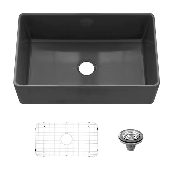 Sinber 30 Inch Farmhouse Apron Single Bowl Kitchen Sink with Fireclay Black Finish 2 Accessories F3018S-B-OL