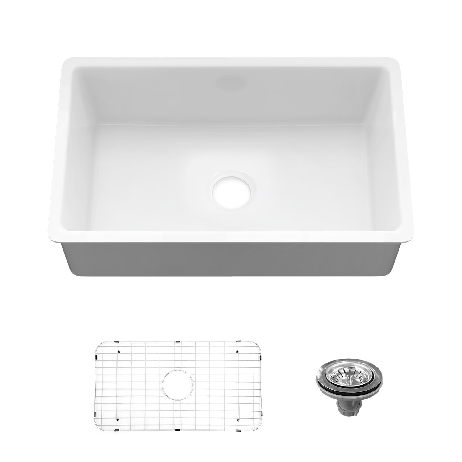 Sinber 32 Inch Drop in Single Bowl Kitchen Sink with Fireclay White Finish 2 Accessories F3219S-OL