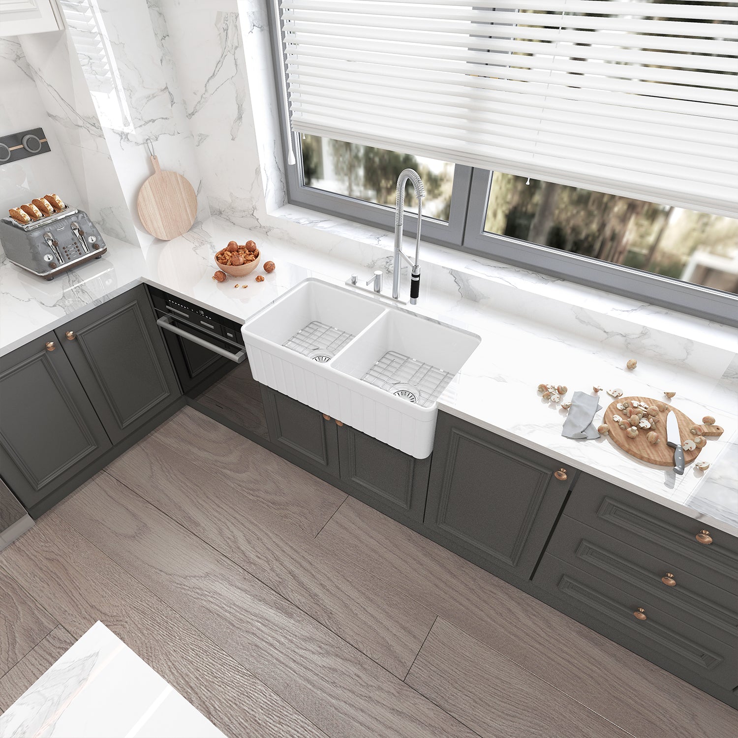 Sinber 33 Inch Farmhouse Apron Double Bowl Kitchen Sink with Fireclay White Finish 2 Accessories F3318D-OL