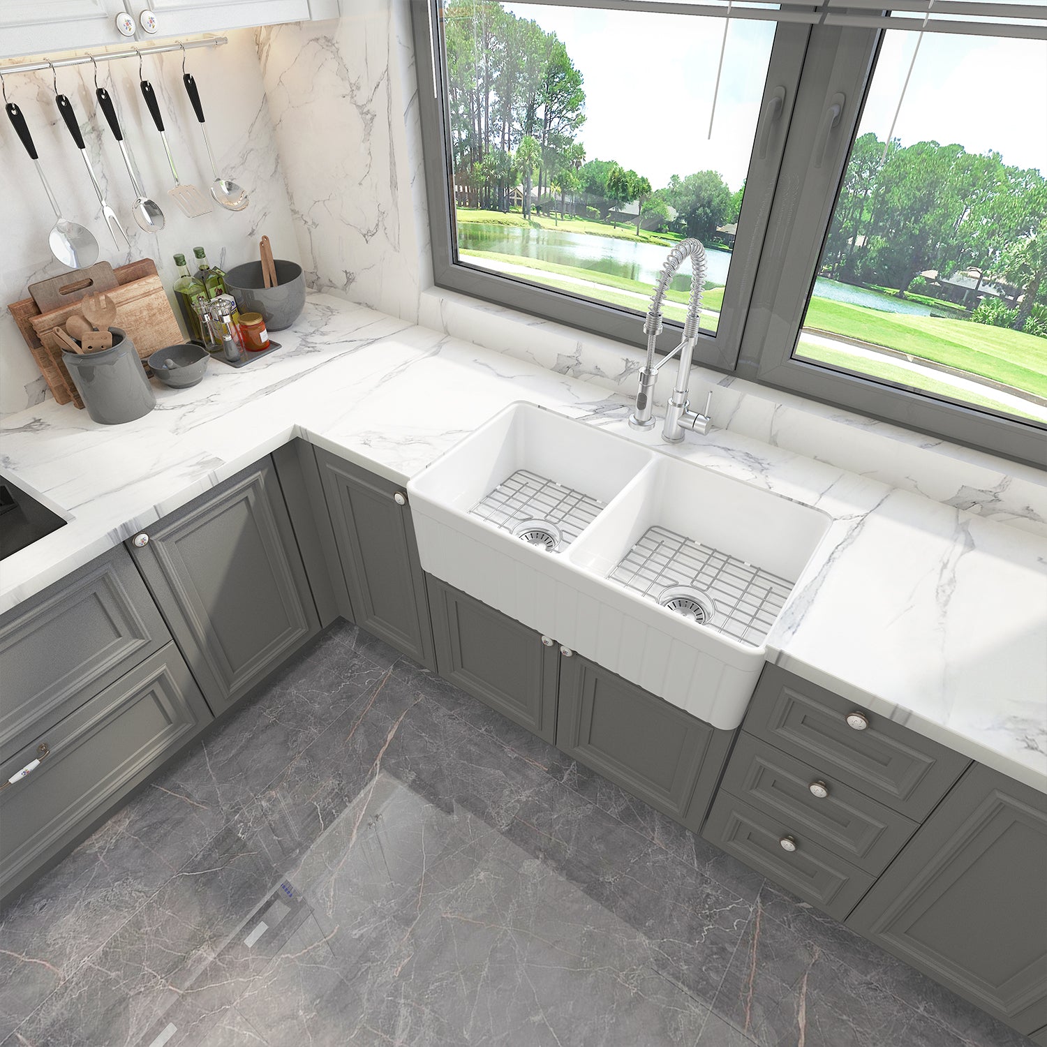 Sinber 33 Inch Farmhouse Apron Double Bowl Kitchen Sink with Fireclay White Finish 2 Accessories F3318D-OL