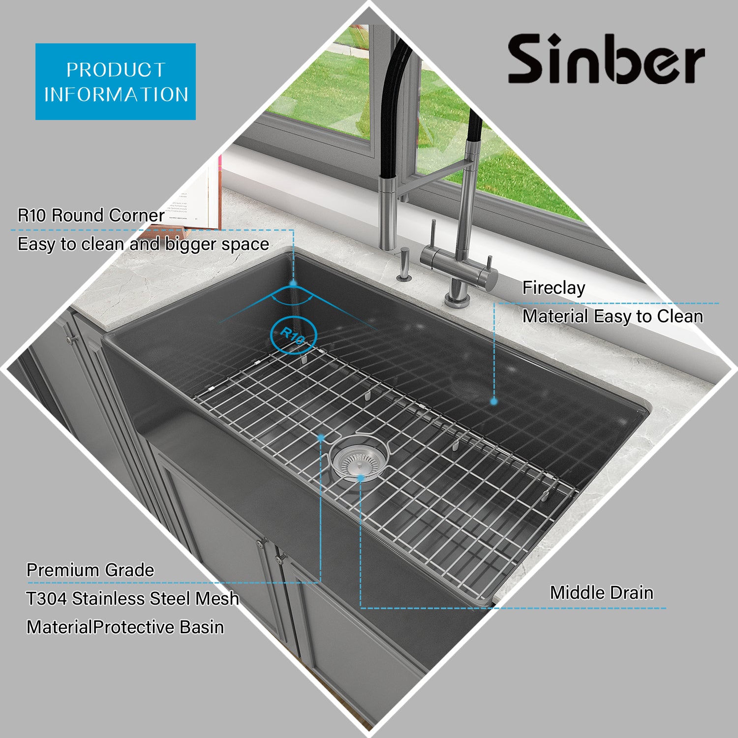 Sinber 36 Inch Farmhouse Apron Single Bowl Kitchen Sink with Fireclay Black Finish 2 Accessories F3620S-B-OL