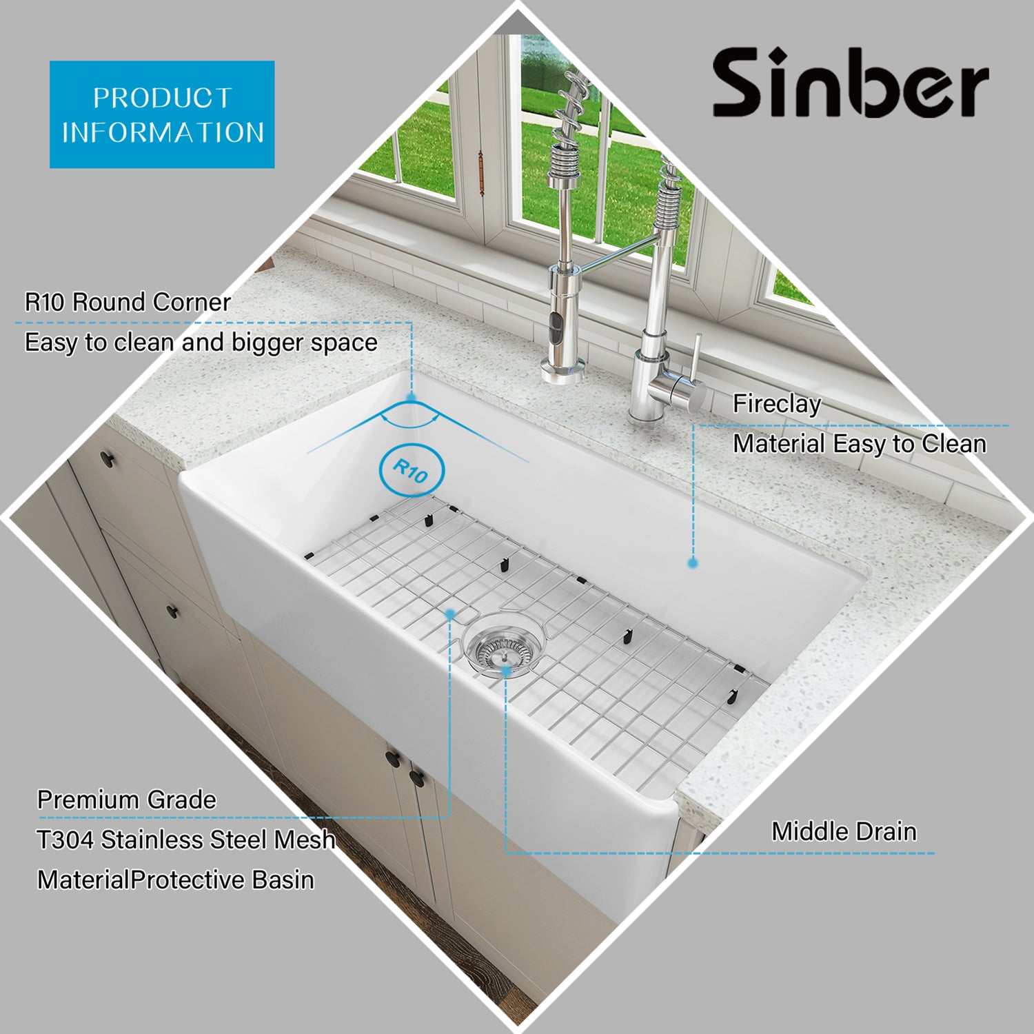 Sinber 33 Inch Farmhouse Apron Single Bowl Kitchen Sink with Fireclay White Finish 2 Accessories F3318S-OL