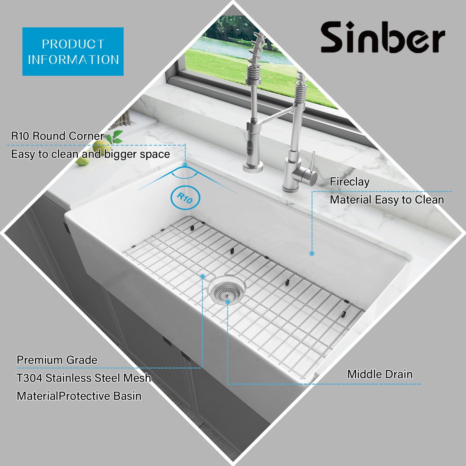 Sinber 36 Inch Farmhouse Apron Single Bowl Kitchen Sink with Fireclay White Finish 2 Accessories F3620S-OL