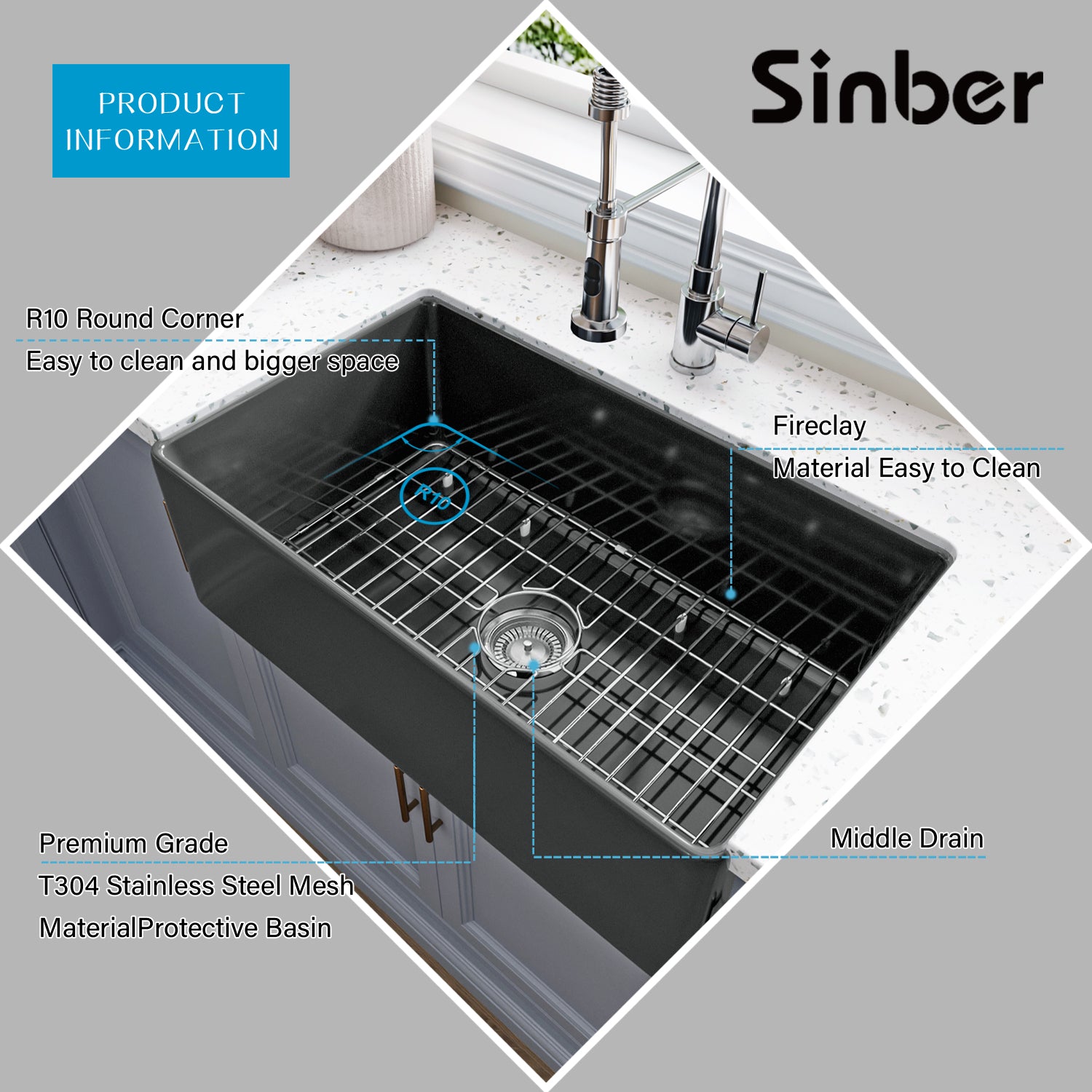Sinber 30 Inch Farmhouse Apron Single Bowl Kitchen Sink with Fireclay Black Finish 2 Accessories F3018S-B-OL