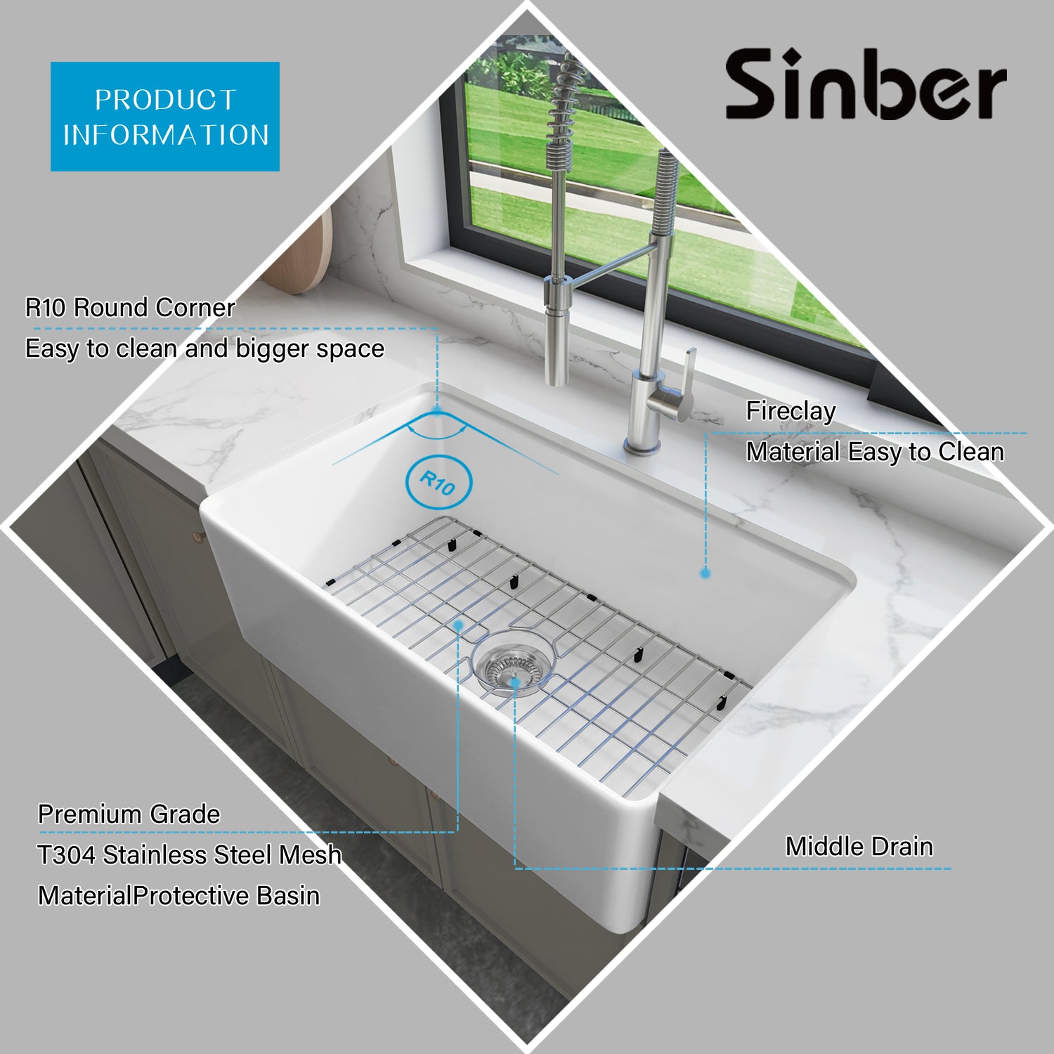 Sinber 30 Inch Farmhouse Apron Single Bowl Kitchen Sink with Fireclay White Finish 2 Accessories F3018S-OL