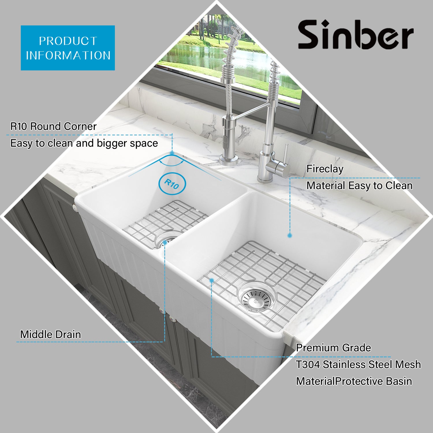 Sinber 33 Inch Farmhouse Apron Double Bowl Kitchen Sink with Fireclay White Finish 2 Accessories F3318D-OL