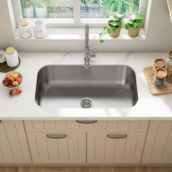 Sinber 30" x 18" x 9" Undermount Single Bowl Kitchen Sink with 18 Gauge 304 Stainless Steel Satin Finish MU1518S (Sink Only)