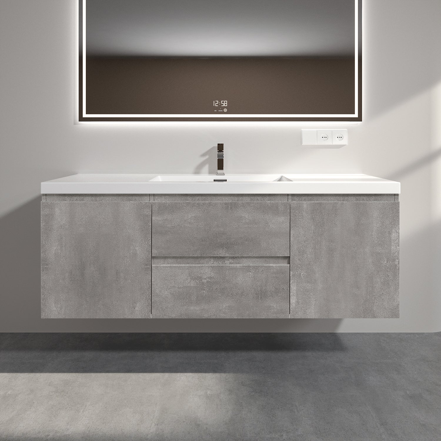 Sinber 60" Wall Mounted Single Rectangular Sink Bathroom Vanity Cabinet with White Acrylic Countertop 2 Doors and 2 Drawers, Compact and Elegant with Sleek Design for Modern Bathrooms