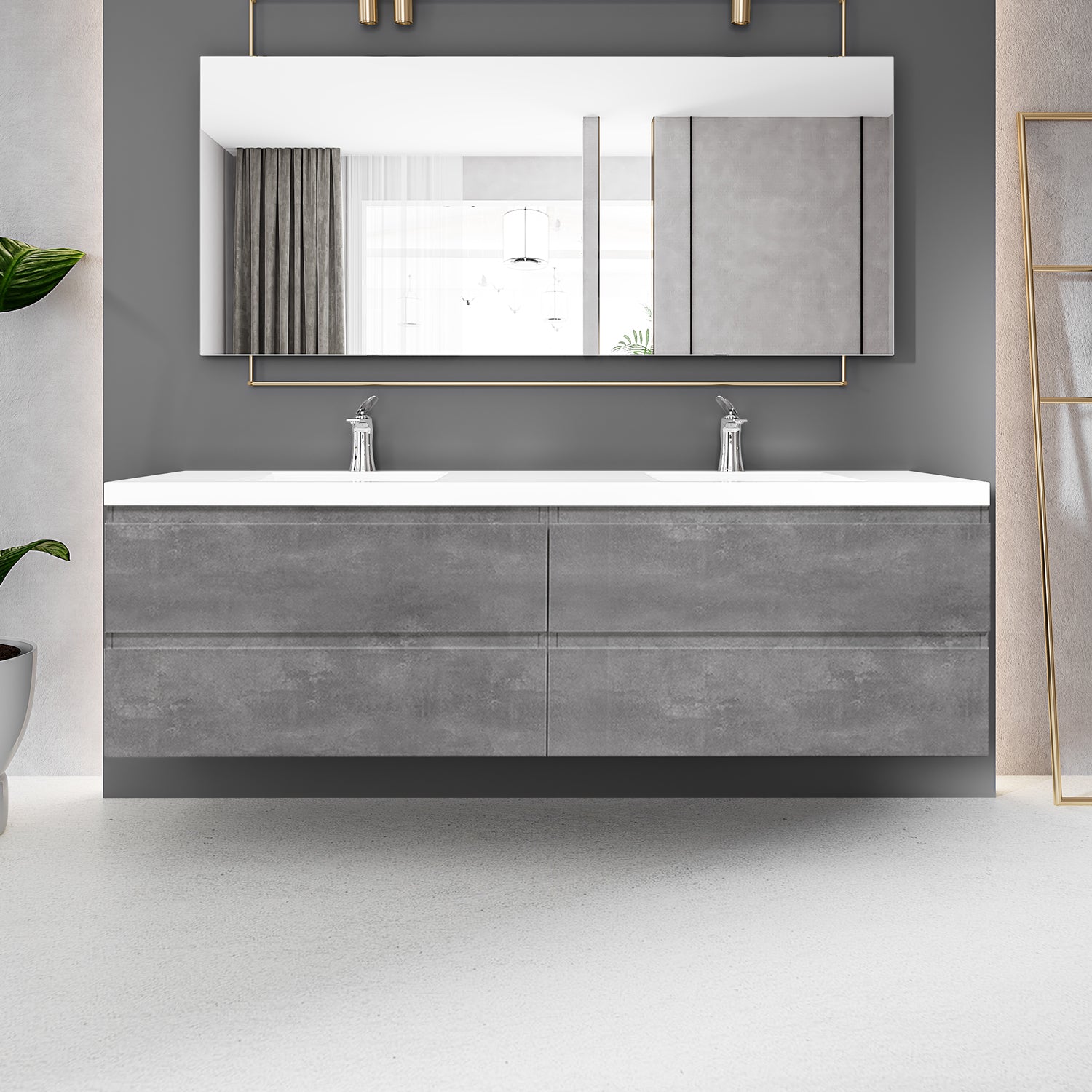 Sinber 72" Wall Mounted Double Rectangular Sink Bathroom Vanity Cabinet with White Acrylic Countertop 2 Doors and 4 Drawers, Compact and Elegant with Sleek Design for Modern Bathrooms