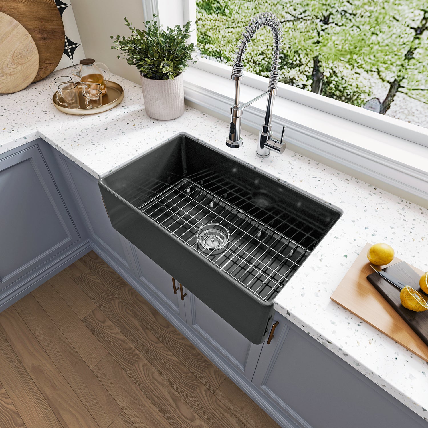 Sinber 30 Inch Farmhouse Apron Single Bowl Kitchen Sink with Fireclay Black Finish 2 Accessories F3018S-B-OL