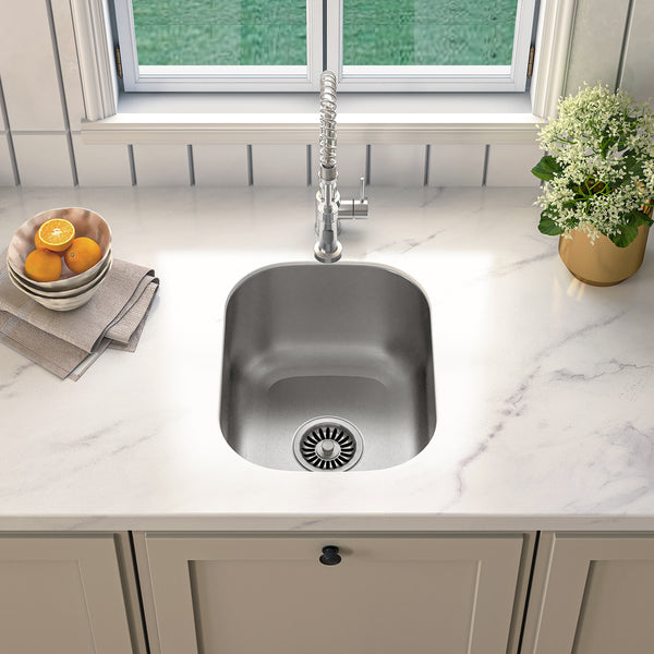 Sinber 15" x 18" x 8" Undermount Single Bowl Kitchen Sink with 18 Gauge 304 Stainless Steel Satin Finish MU1518S (Sink Only)