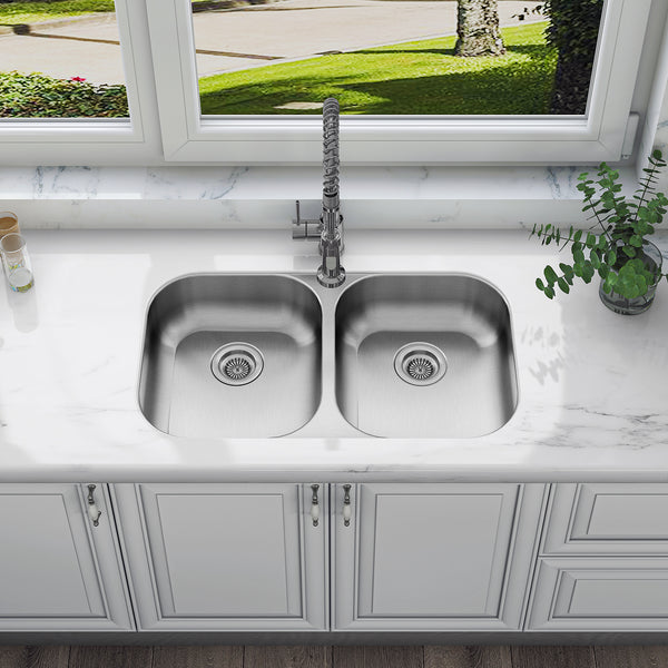 Sinber 32" x 18" x 5.5" Undermount Double Bowl Kitchen Sink with 18 Gauge 304 Stainless Steel Satin Finish MU3218D-ADA (Sink Only)