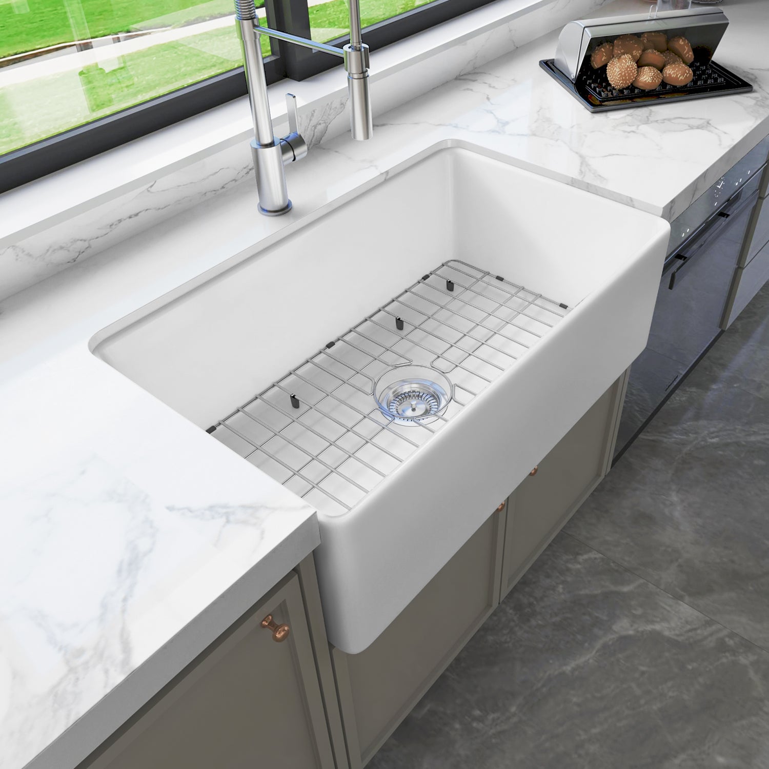 Sinber 30 Inch Farmhouse Apron Single Bowl Kitchen Sink with Fireclay White Finish 2 Accessories F3018S-OL