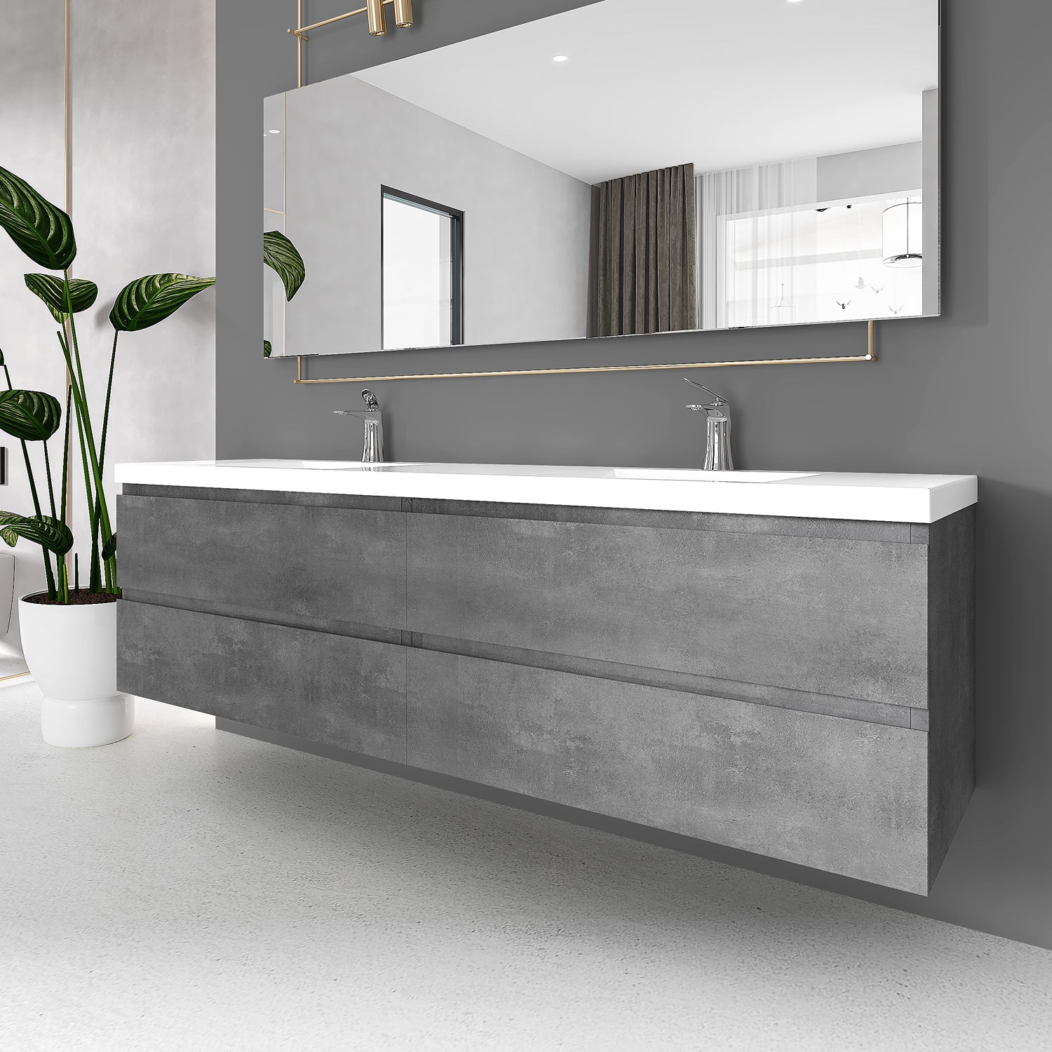 Sinber 72" Wall Mounted Double Rectangular Sink Bathroom Vanity Cabinet with White Acrylic Countertop 2 Doors and 4 Drawers, Compact and Elegant with Sleek Design for Modern Bathrooms