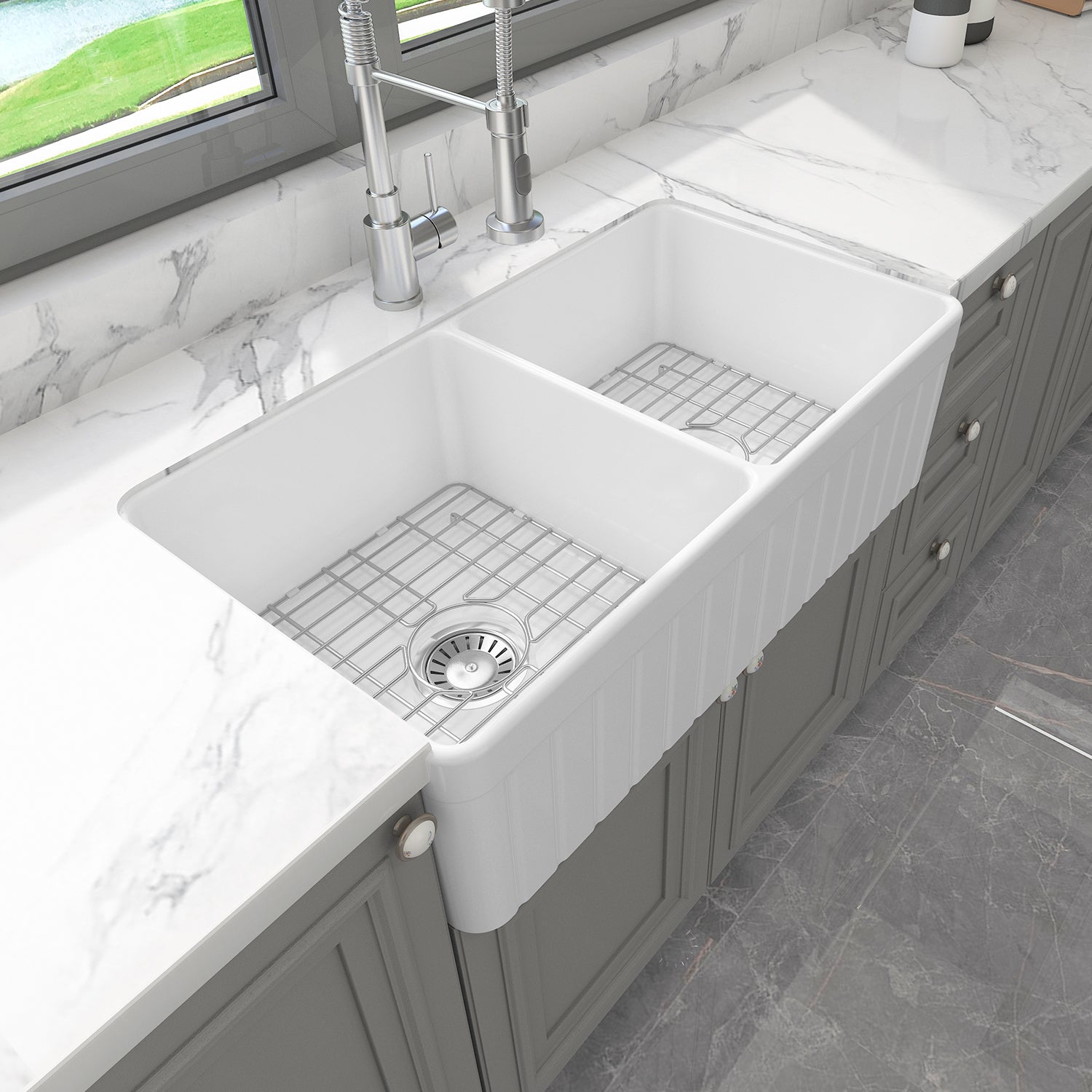 Sinber 33 Inch Farmhouse Apron Double Bowl Kitchen Sink with Fireclay White Finish 2 Accessories F3318D-OL