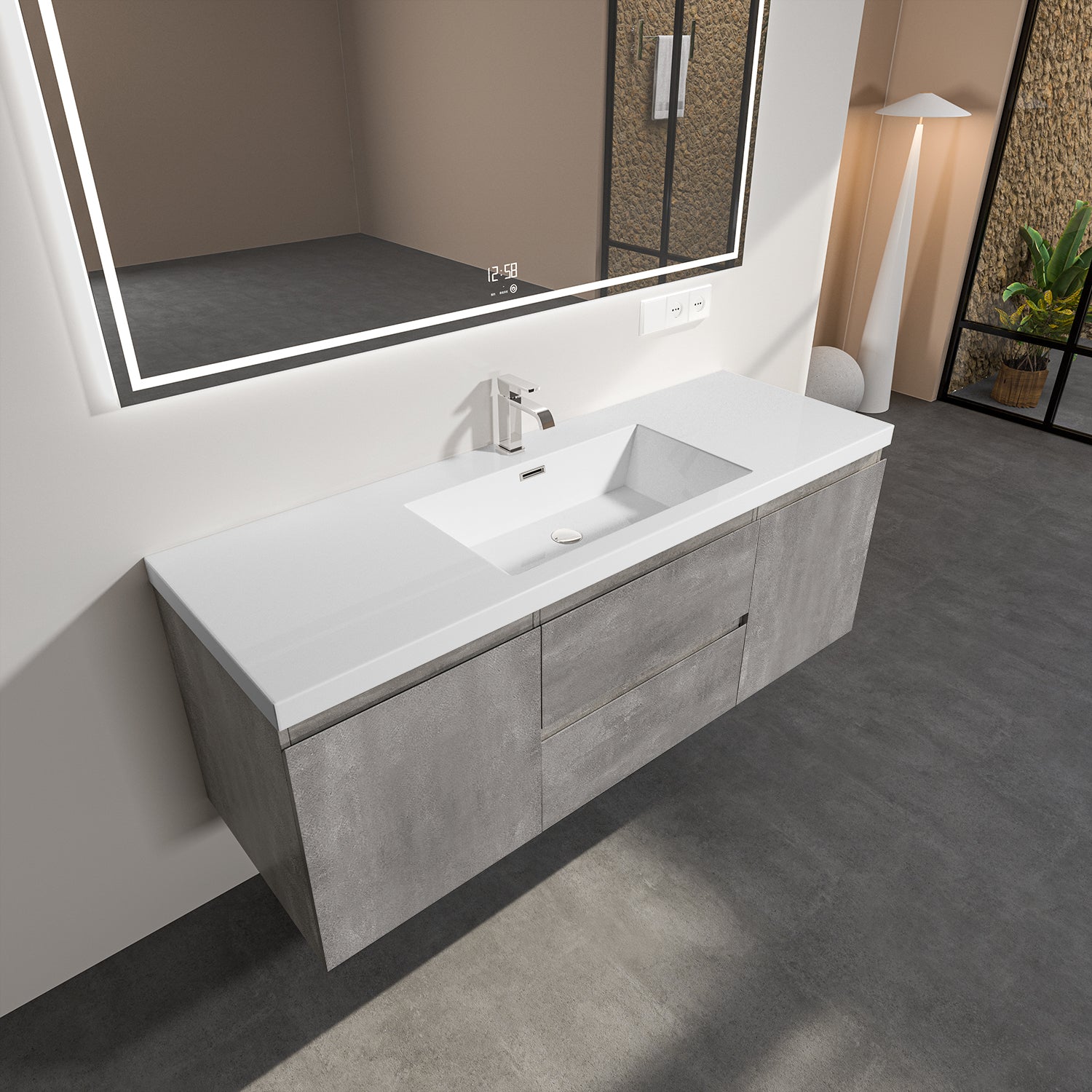 Sinber 60" Wall Mounted Single Rectangular Sink Bathroom Vanity Cabinet with White Acrylic Countertop 2 Doors and 2 Drawers, Compact and Elegant with Sleek Design for Modern Bathrooms