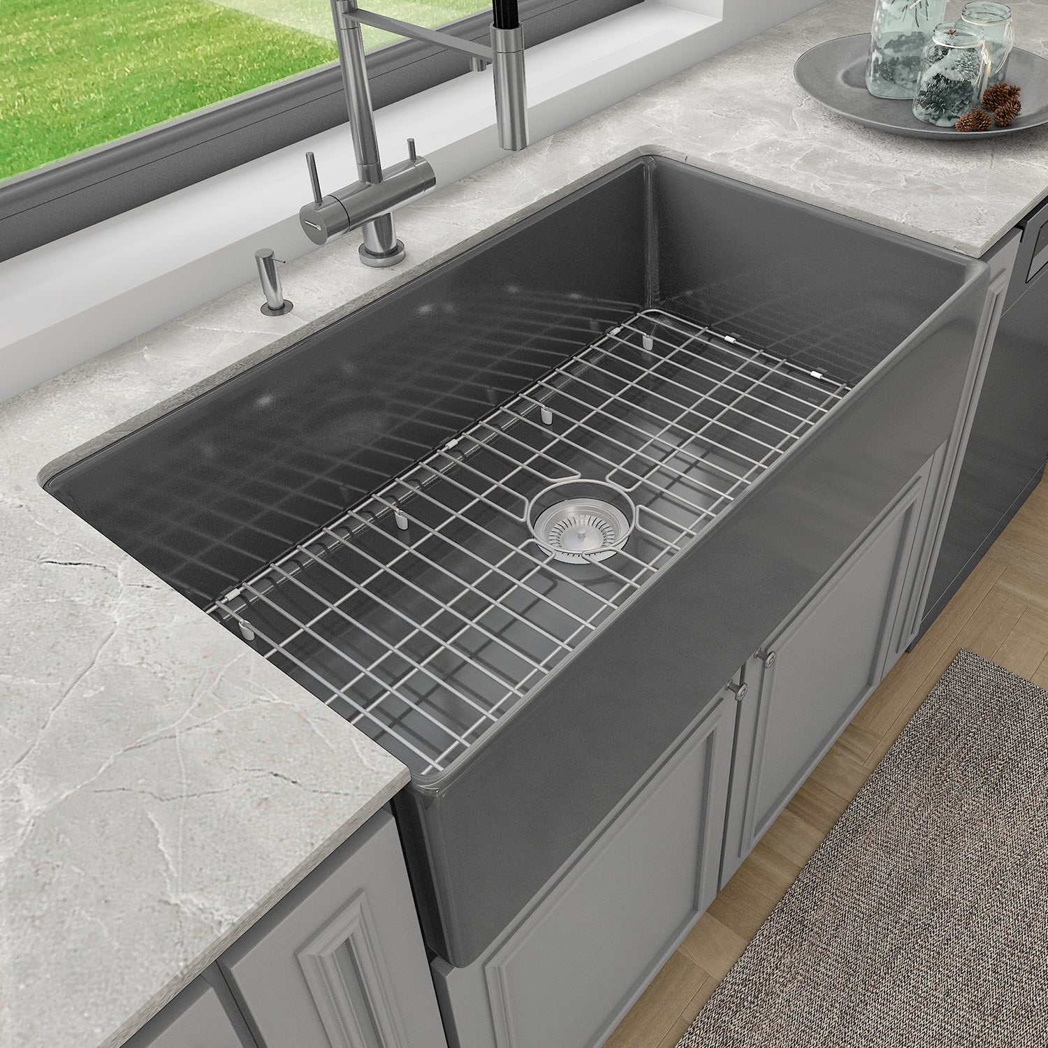 Sinber 36 Inch Farmhouse Apron Single Bowl Kitchen Sink with Fireclay Black Finish 2 Accessories F3620S-B-OL