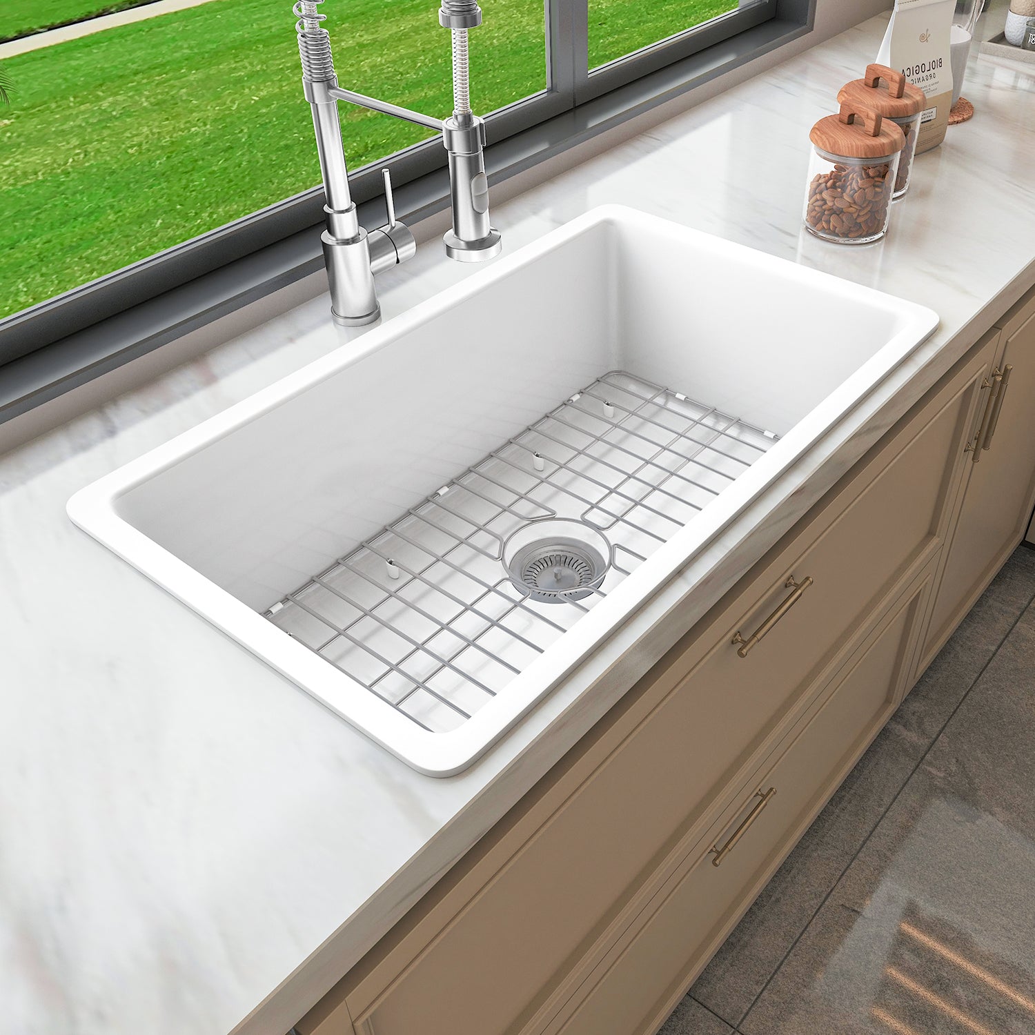 Sinber 32 Inch Drop in Single Bowl Kitchen Sink with Fireclay White Finish 2 Accessories F3219S-OL