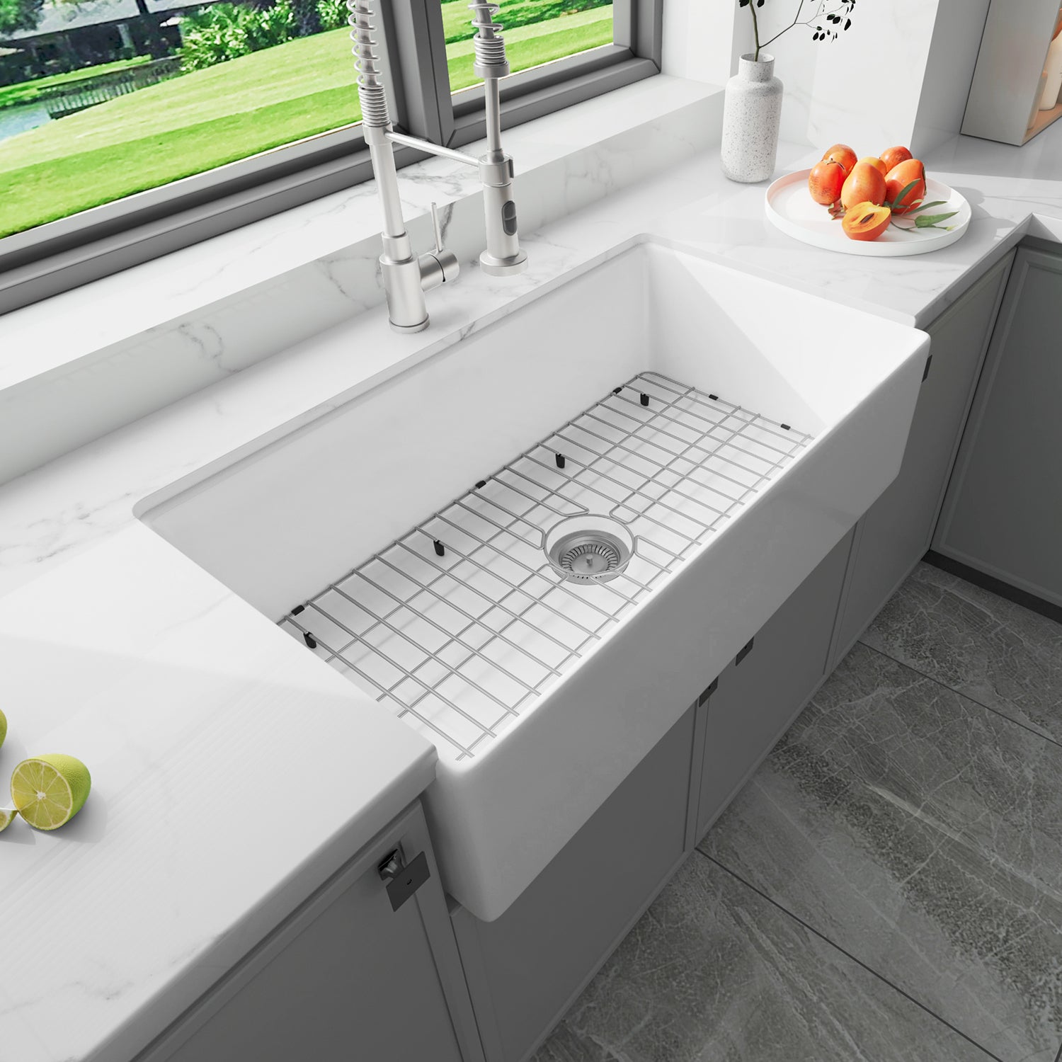 Sinber 36 Inch Farmhouse Apron Single Bowl Kitchen Sink with Fireclay White Finish 2 Accessories F3620S-OL