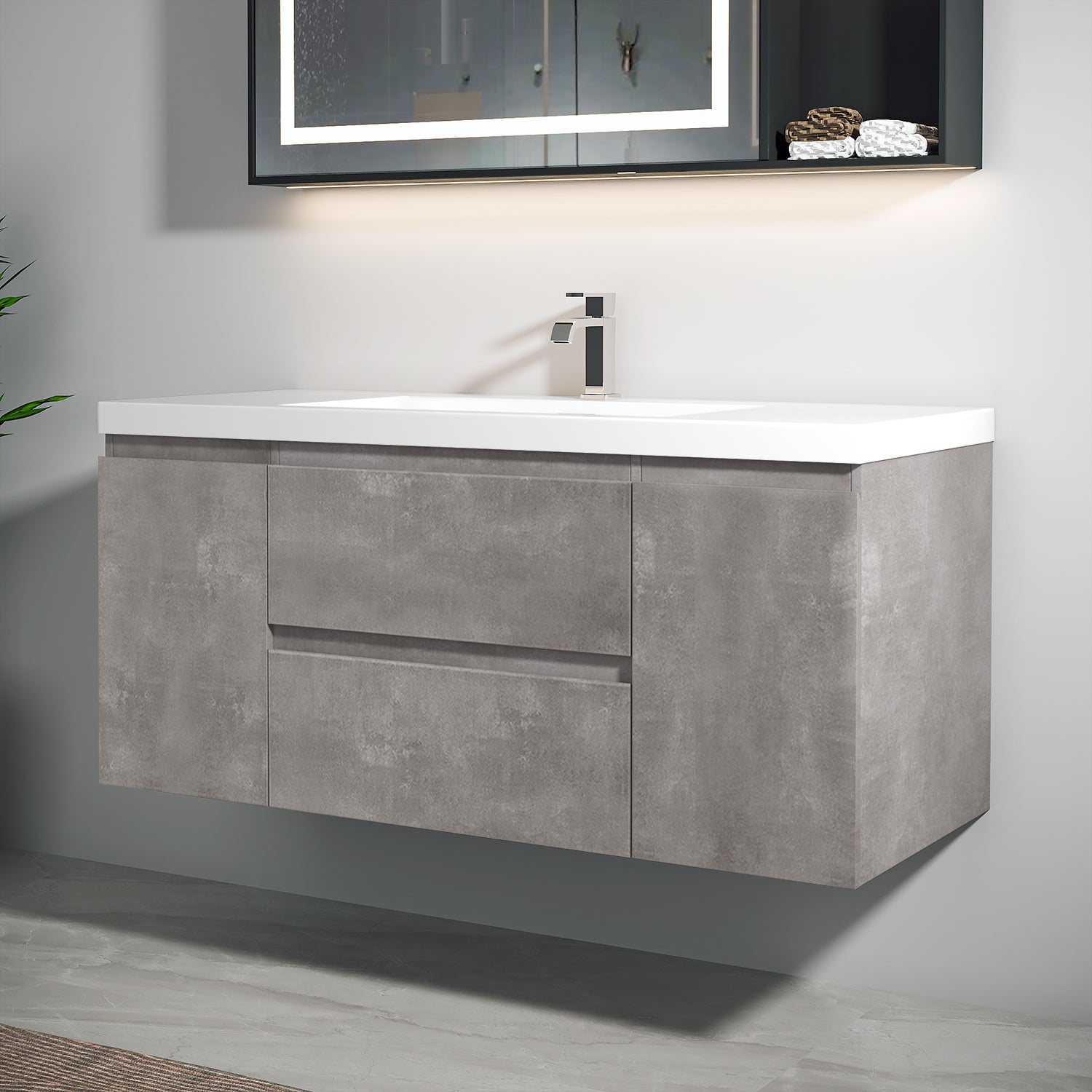 Sinber 48" Wall Mounted Single Rectangular Sink Bathroom Vanity Cabinet with White Acrylic Countertop 2 Doors and 2 Drawers, Compact and Elegant with Sleek Design for Modern Bathrooms