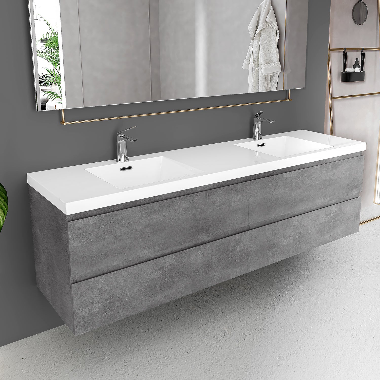 Sinber 72" Wall Mounted Double Rectangular Sink Bathroom Vanity Cabinet with White Acrylic Countertop 2 Doors and 4 Drawers, Compact and Elegant with Sleek Design for Modern Bathrooms