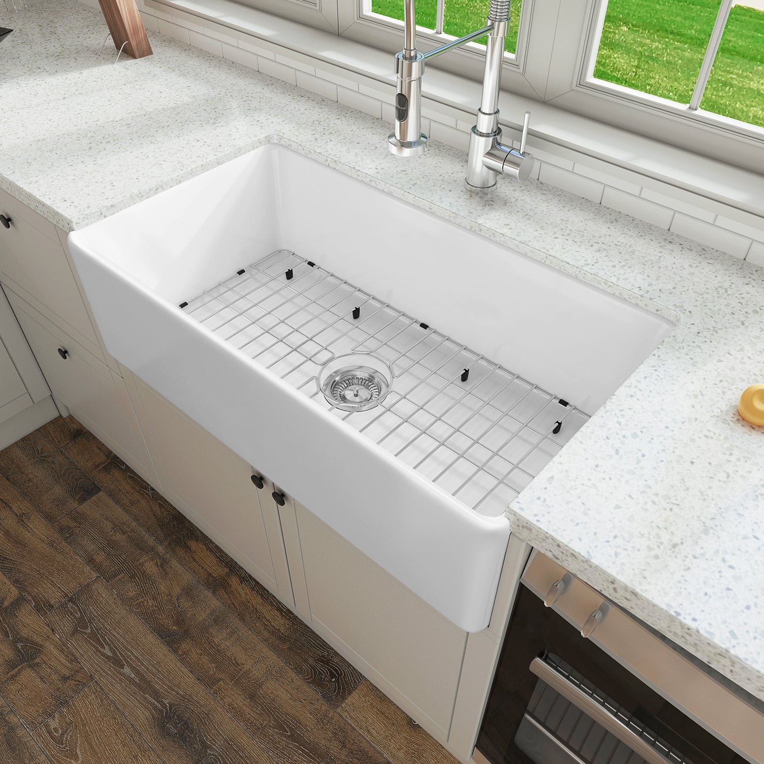 Sinber 33 Inch Farmhouse Apron Single Bowl Kitchen Sink with Fireclay White Finish 2 Accessories F3318S-OL
