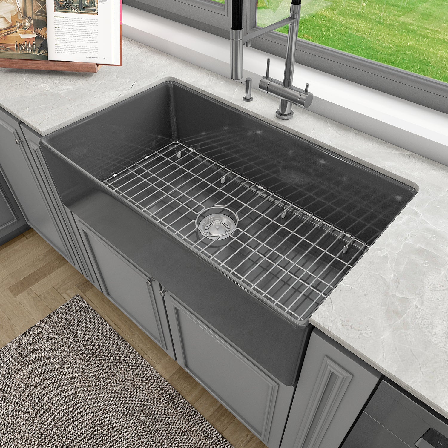 Sinber 36 Inch Farmhouse Apron Single Bowl Kitchen Sink with Fireclay Black Finish 2 Accessories F3620S-B-OL
