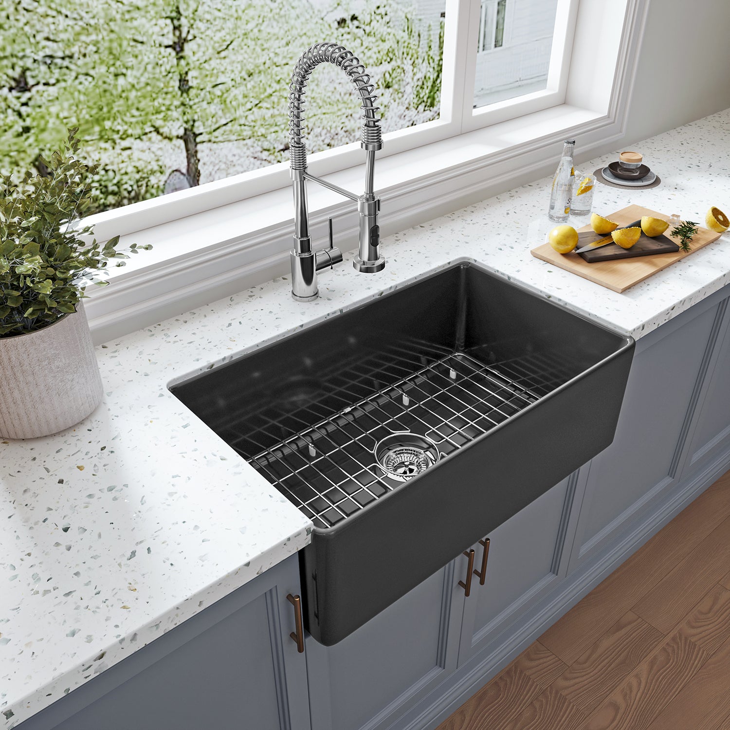 Sinber 30 Inch Farmhouse Apron Single Bowl Kitchen Sink with Fireclay Black Finish 2 Accessories F3018S-B-OL