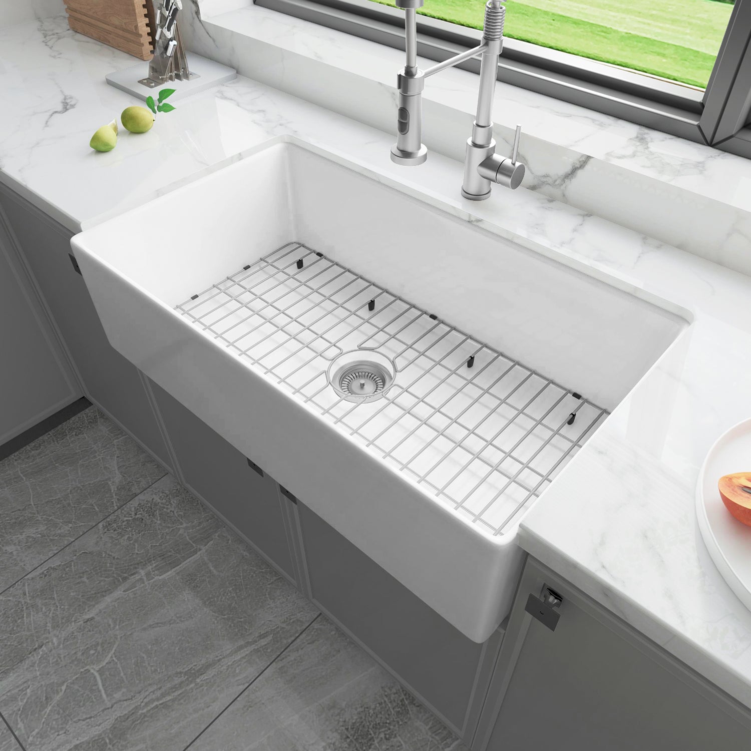 Sinber 36 Inch Farmhouse Apron Single Bowl Kitchen Sink with Fireclay White Finish 2 Accessories F3620S-OL