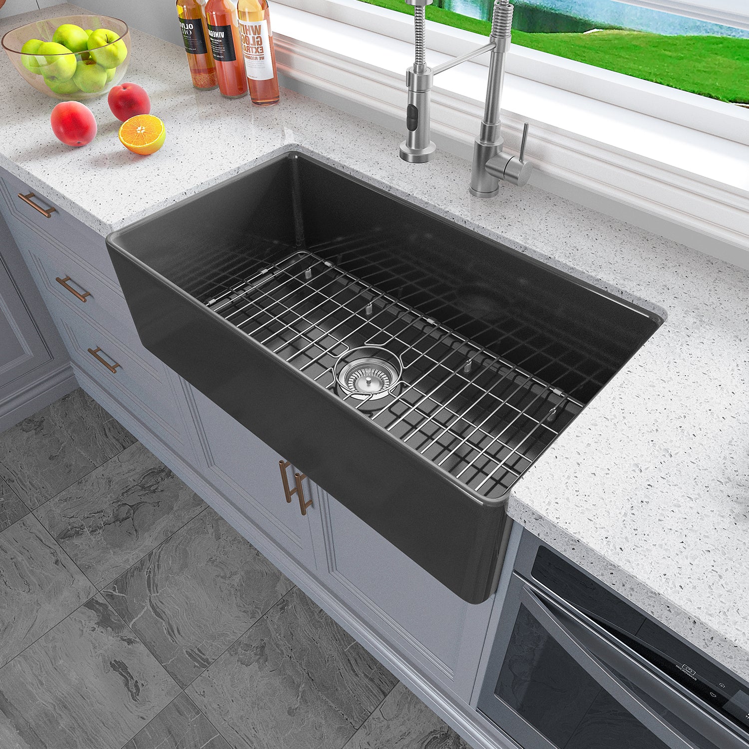 Sinber 33 Inch Farmhouse Apron Single Bowl Kitchen Sink with Fireclay Black Finish 2 Accessories F3318S-B-OL