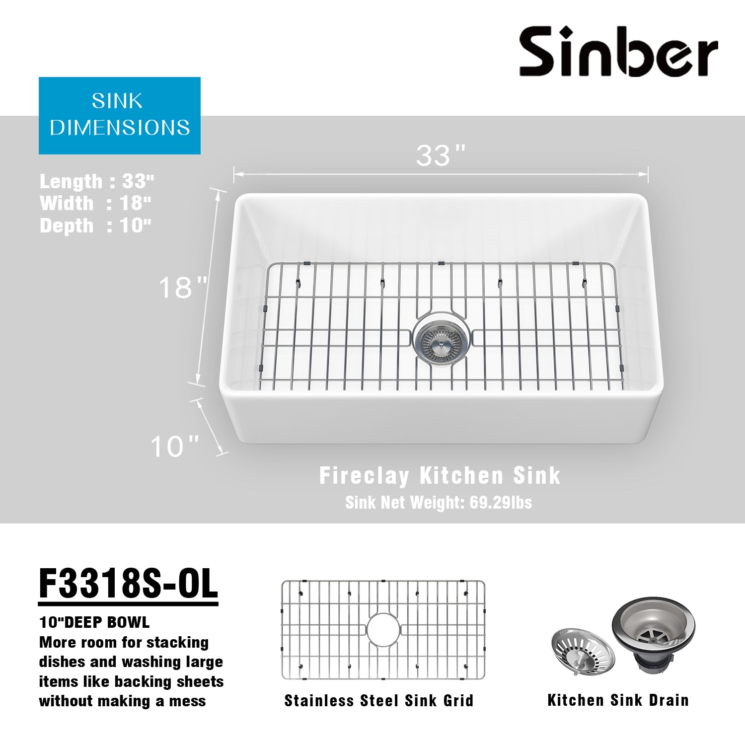 Sinber 33 Inch Farmhouse Apron Single Bowl Kitchen Sink with Fireclay White Finish 2 Accessories F3318S-OL