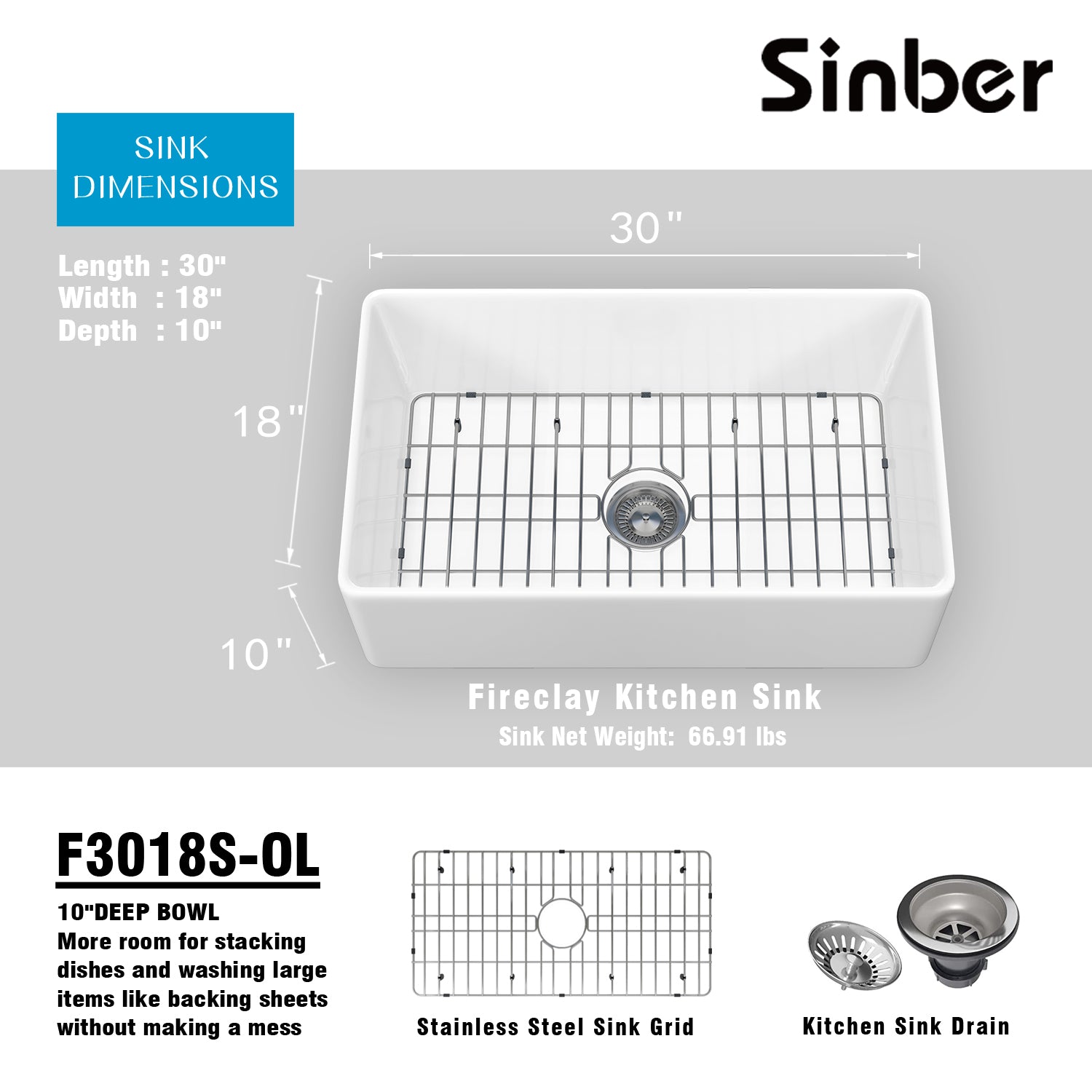 Sinber 30 Inch Farmhouse Apron Single Bowl Kitchen Sink with Fireclay White Finish 2 Accessories F3018S-OL