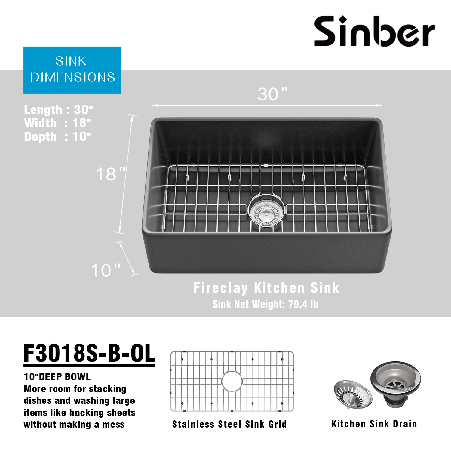 Sinber 30 Inch Farmhouse Apron Single Bowl Kitchen Sink with Fireclay Black Finish 2 Accessories F3018S-B-OL