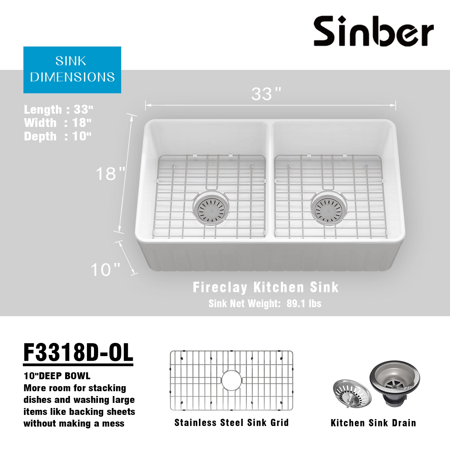Sinber 33 Inch Farmhouse Apron Double Bowl Kitchen Sink with Fireclay White Finish 2 Accessories F3318D-OL