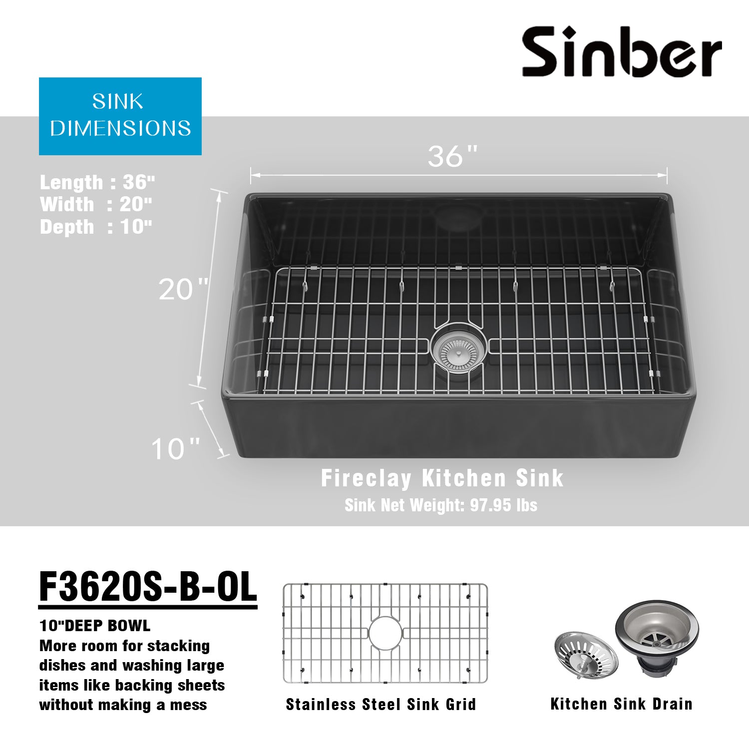 Sinber 36 Inch Farmhouse Apron Single Bowl Kitchen Sink with Fireclay Black Finish 2 Accessories F3620S-B-OL