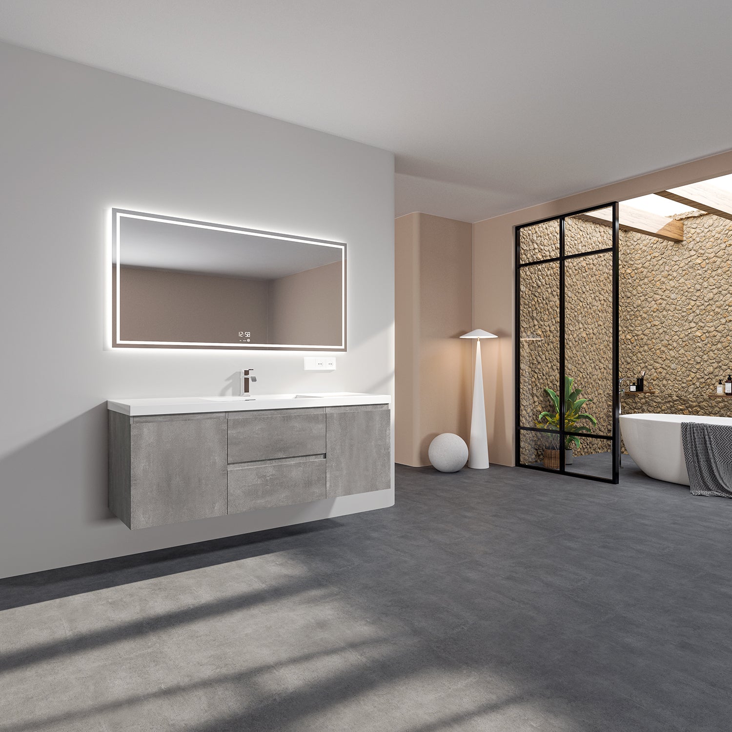 Sinber 60" Wall Mounted Single Rectangular Sink Bathroom Vanity Cabinet with White Acrylic Countertop 2 Doors and 2 Drawers, Compact and Elegant with Sleek Design for Modern Bathrooms