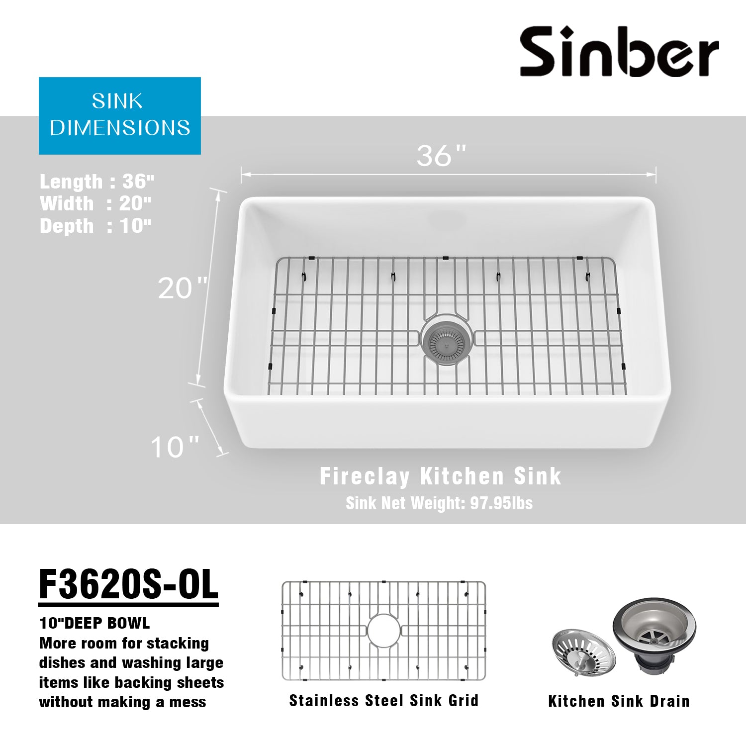 Sinber 36 Inch Farmhouse Apron Single Bowl Kitchen Sink with Fireclay White Finish 2 Accessories F3620S-OL