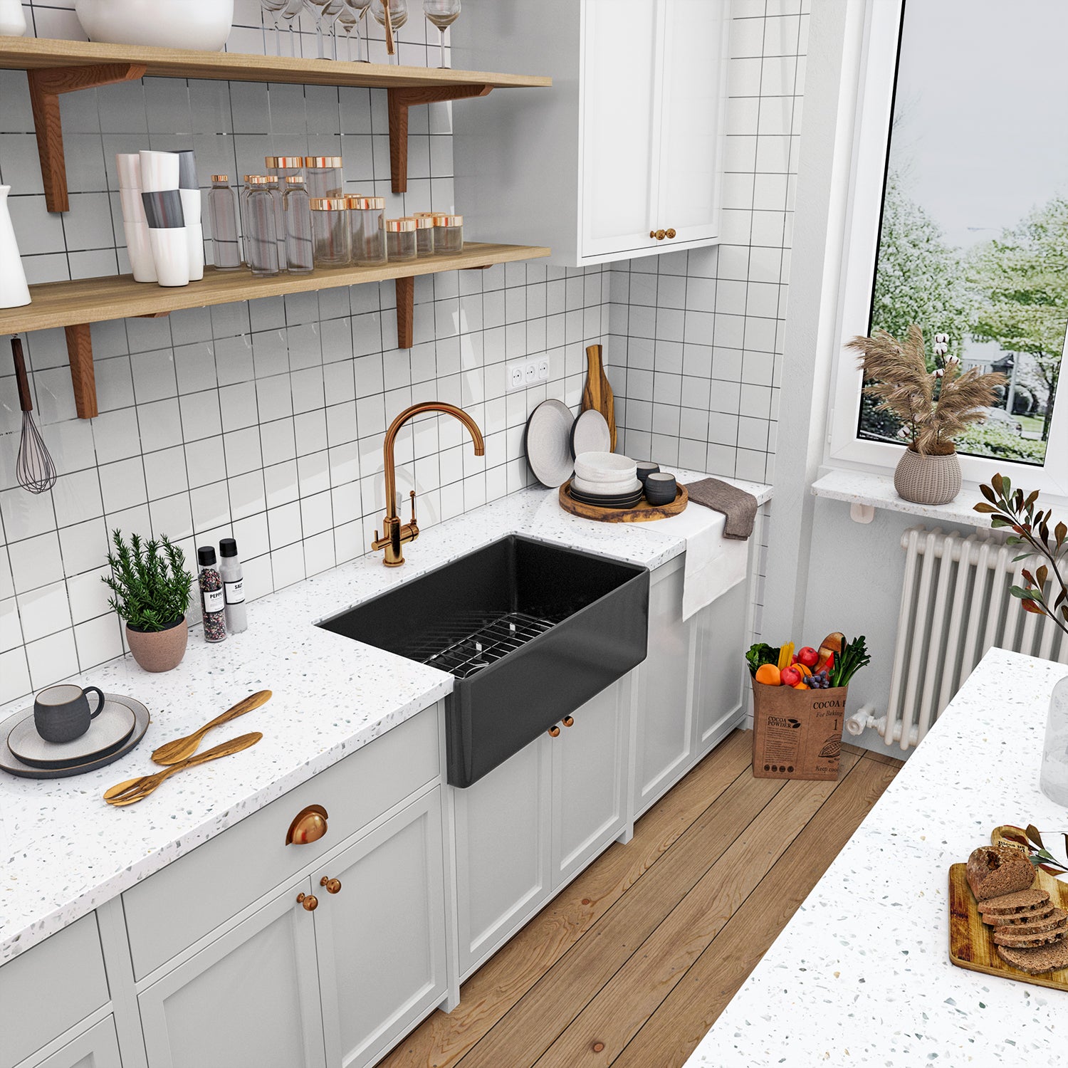 Sinber 30 Inch Farmhouse Apron Single Bowl Kitchen Sink with Fireclay Black Finish 2 Accessories F3018S-B-OL