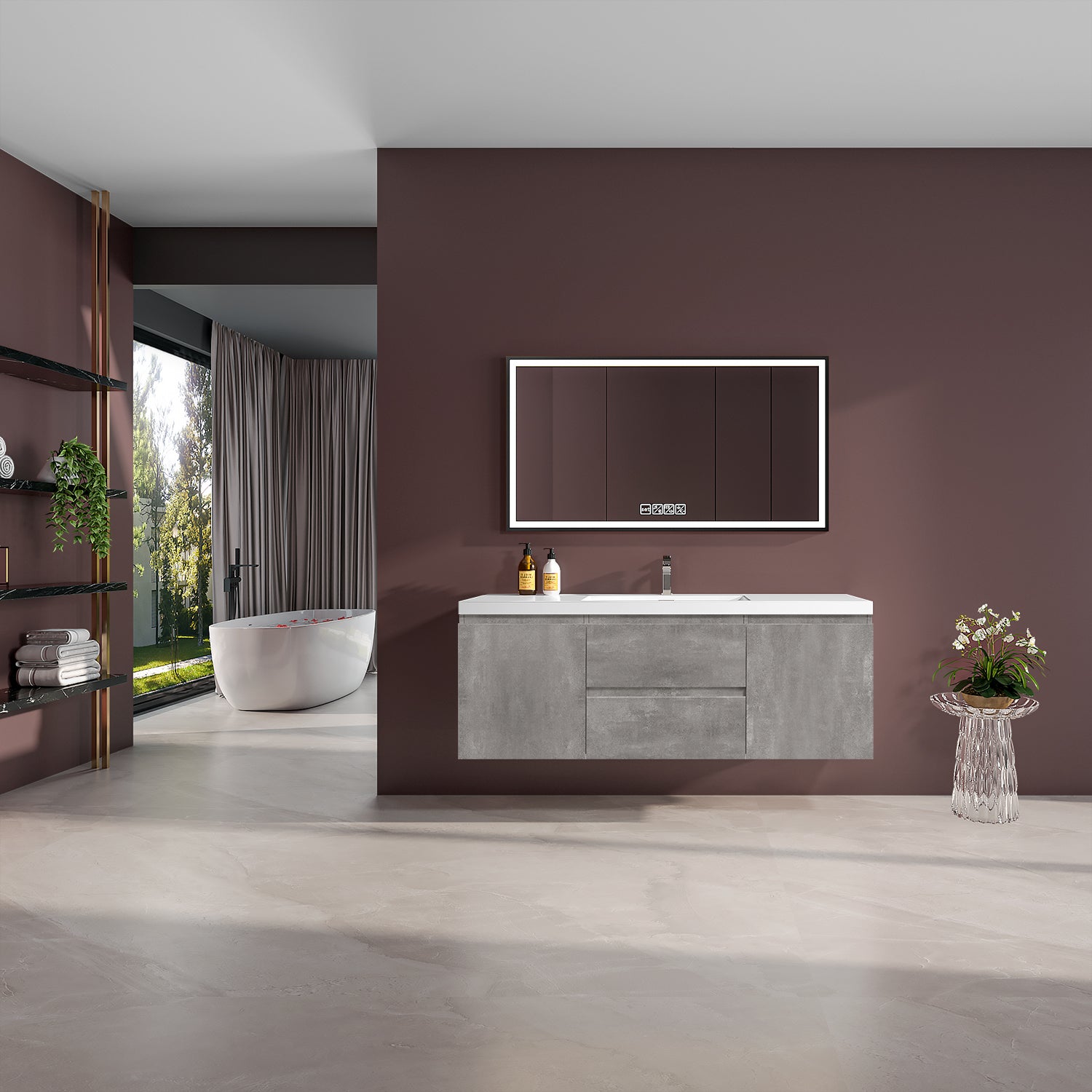 Sinber 60" Wall Mounted Single Rectangular Sink Bathroom Vanity Cabinet with White Acrylic Countertop 2 Doors and 2 Drawers, Compact and Elegant with Sleek Design for Modern Bathrooms