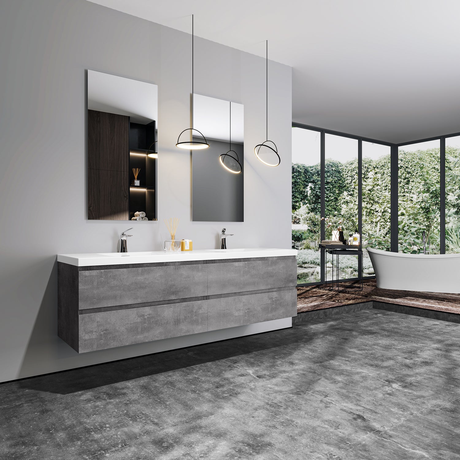 Sinber 72" Wall Mounted Double Rectangular Sink Bathroom Vanity Cabinet with White Acrylic Countertop 2 Doors and 4 Drawers, Compact and Elegant with Sleek Design for Modern Bathrooms