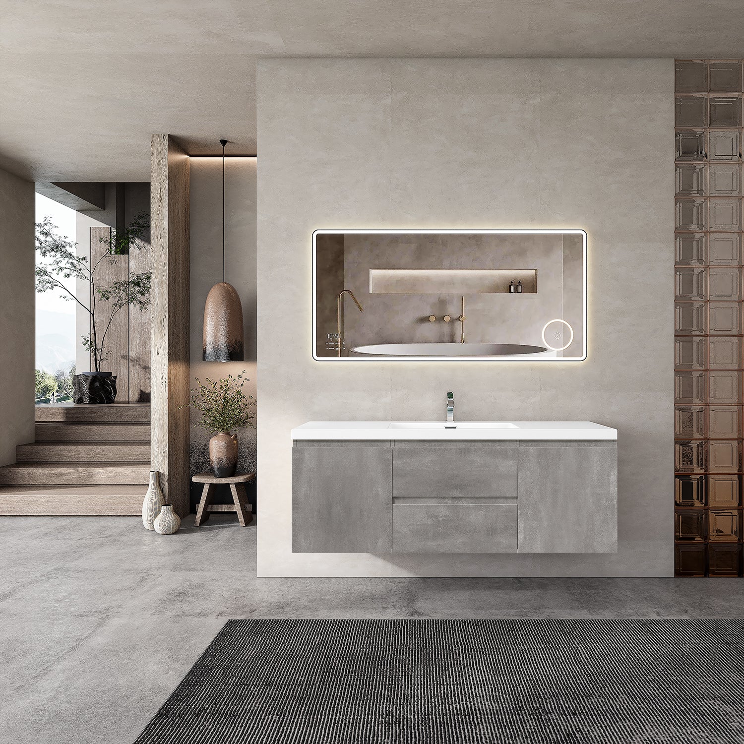 Sinber 60" Wall Mounted Single Rectangular Sink Bathroom Vanity Cabinet with White Acrylic Countertop 2 Doors and 2 Drawers, Compact and Elegant with Sleek Design for Modern Bathrooms
