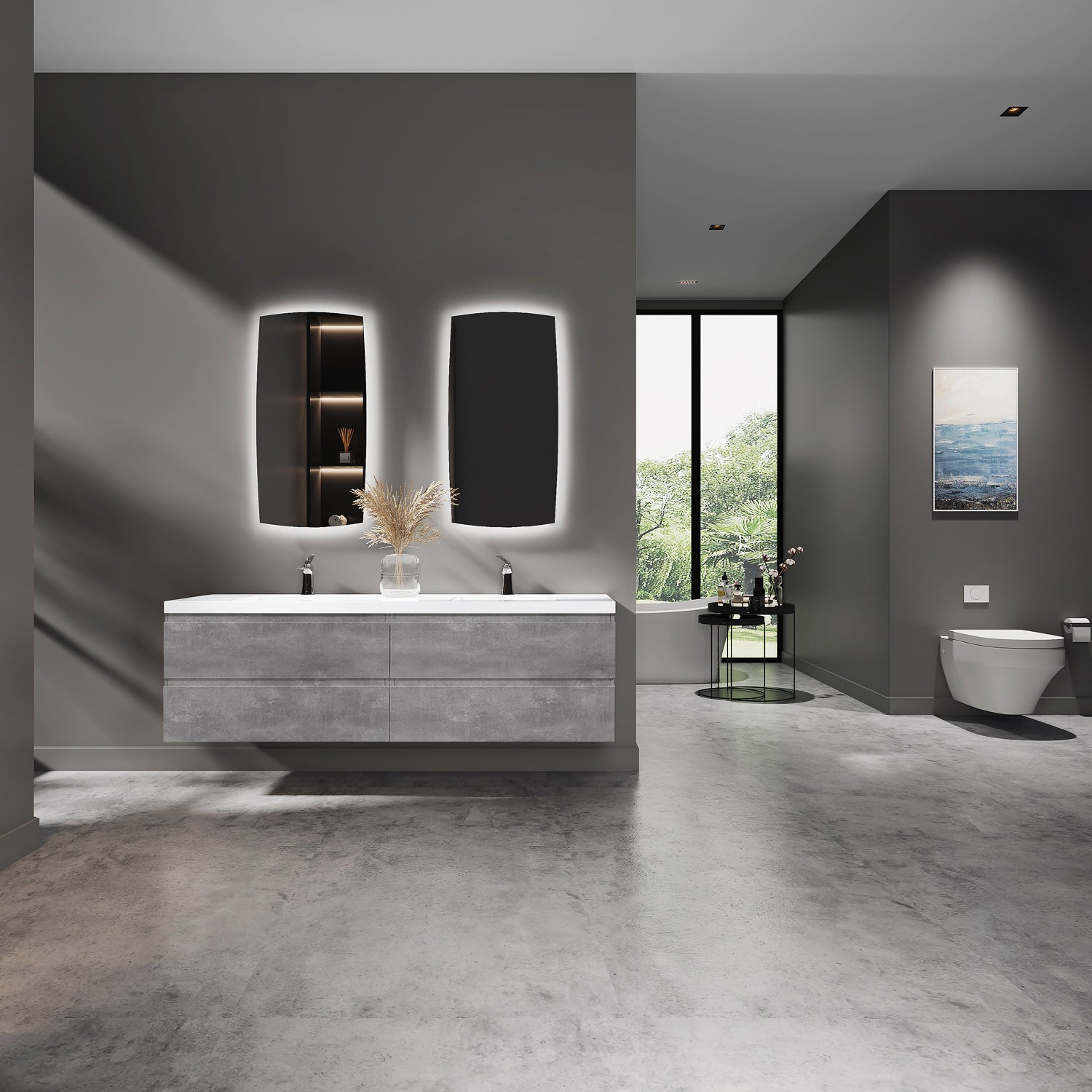 Sinber 72" Wall Mounted Double Rectangular Sink Bathroom Vanity Cabinet with White Acrylic Countertop 2 Doors and 4 Drawers, Compact and Elegant with Sleek Design for Modern Bathrooms
