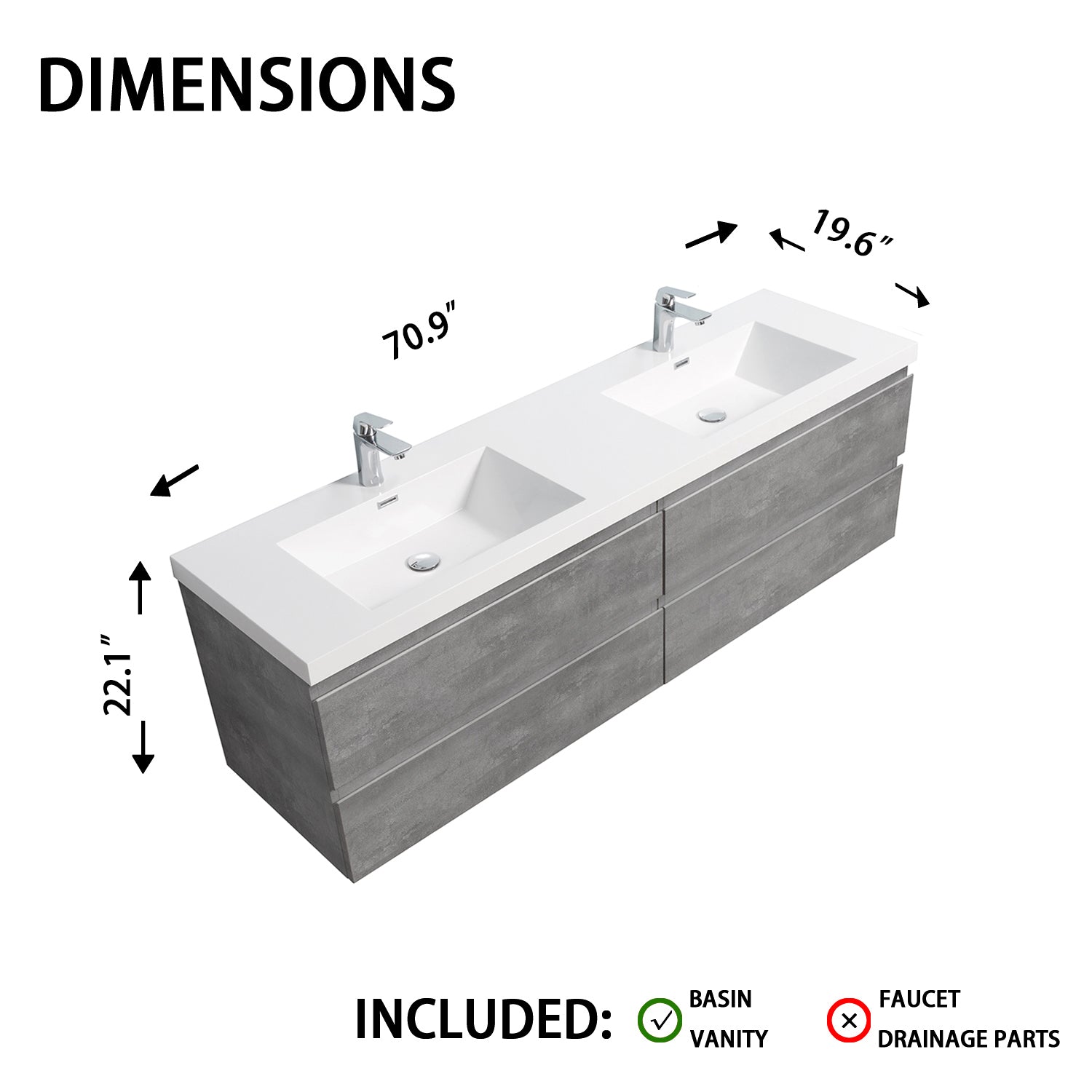 Sinber 72" Wall Mounted Double Rectangular Sink Bathroom Vanity Cabinet with White Acrylic Countertop 2 Doors and 4 Drawers, Compact and Elegant with Sleek Design for Modern Bathrooms