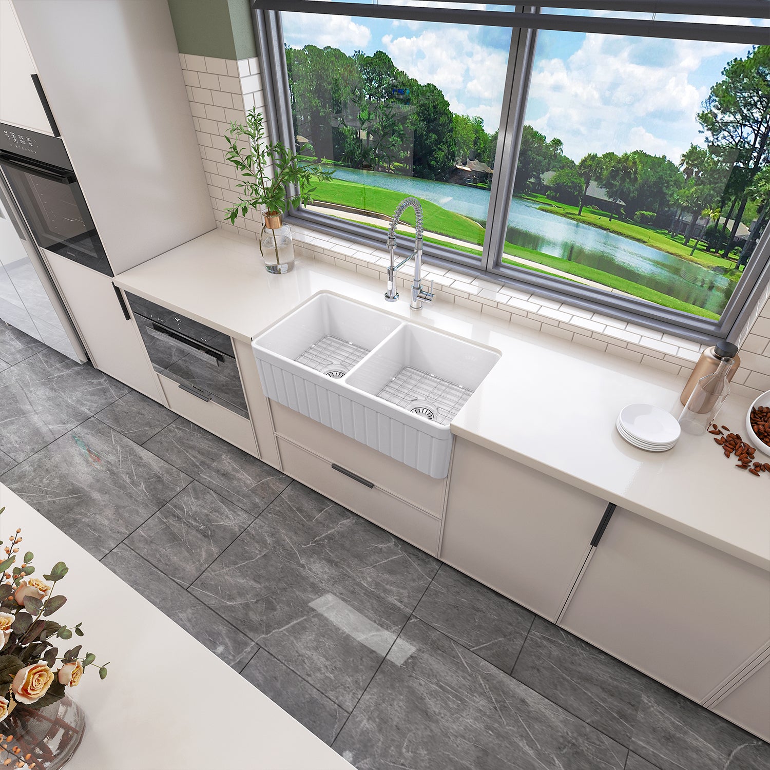 Sinber 33 Inch Farmhouse Apron Double Bowl Kitchen Sink with Fireclay White Finish 2 Accessories F3318D-OL