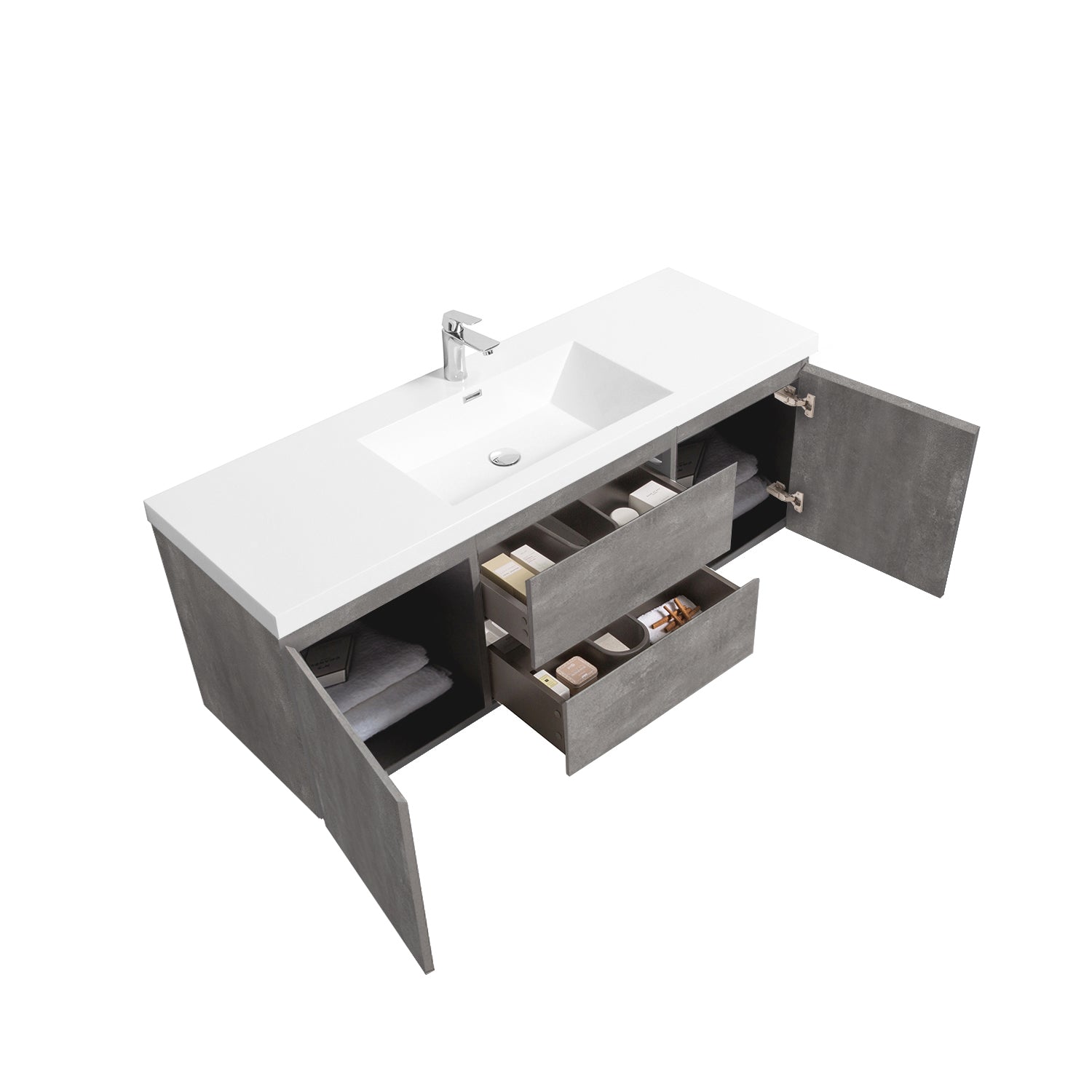 Sinber 60" Wall Mounted Single Rectangular Sink Bathroom Vanity Cabinet with White Acrylic Countertop 2 Doors and 2 Drawers, Compact and Elegant with Sleek Design for Modern Bathrooms